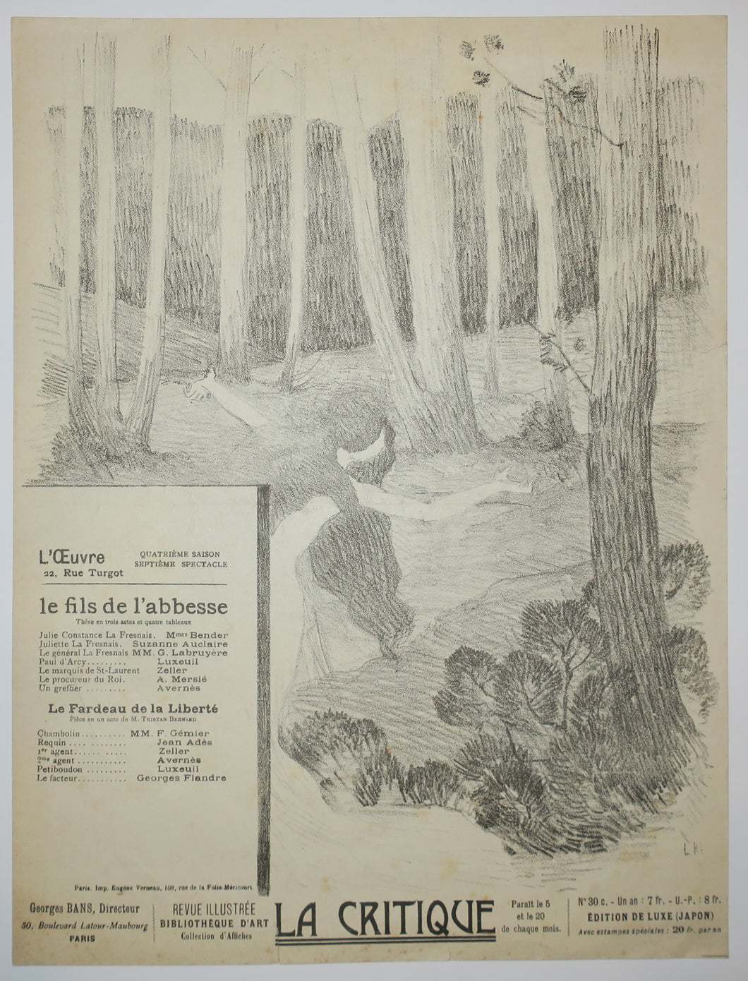 Le fils de l'abbesse par Ambroise Herdey & Le Fardeau de la liberté par Tristan Bernard. Programme pour le Théâtre de l'Oeuvre. 1897.