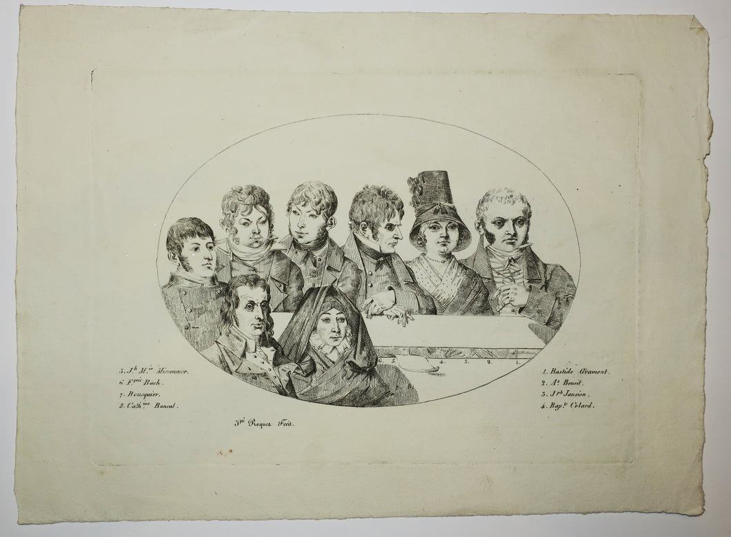 Portraits de Bastide Gramont, A. Benoit, Joseph Jausion, Baptiste Colard, J.M Missonnier, François Bach, Bousquier & Catherine Bancal. 1818.