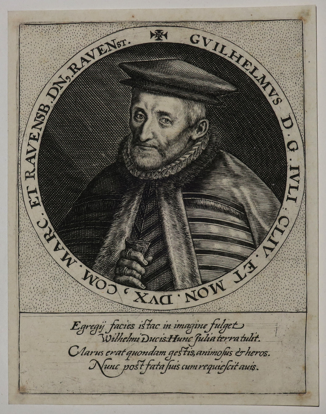 Portrait de Guillaume II, duc de Jülich-Clèves-Berg, buste dans un cercle, portant chapeau, collerette et manteau fourré.