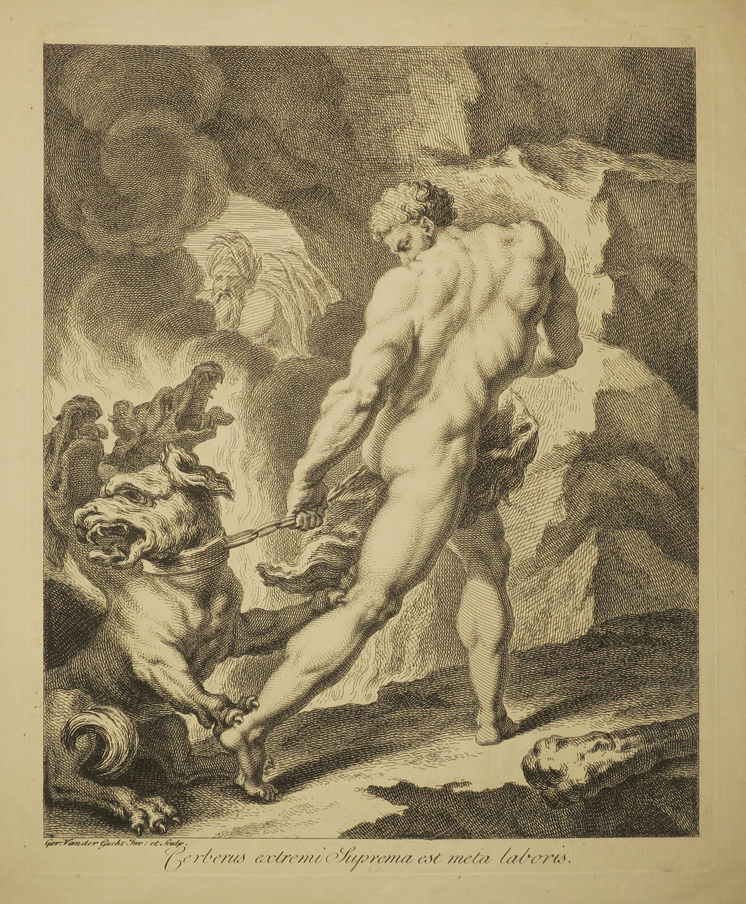 Hercule traînant le chien à trois têtes, Cerbère, à travers le monde souterrain.