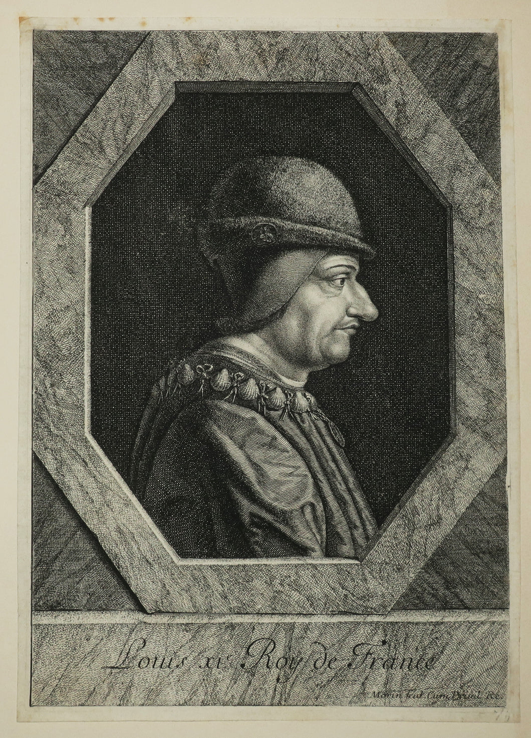 Portrait de Louis XI (1423-1483), Roy de France, en buste de profil à droite, coiffé d'un chapeau de fourrure avec médaille de la Vierge.   c.1640-1650.