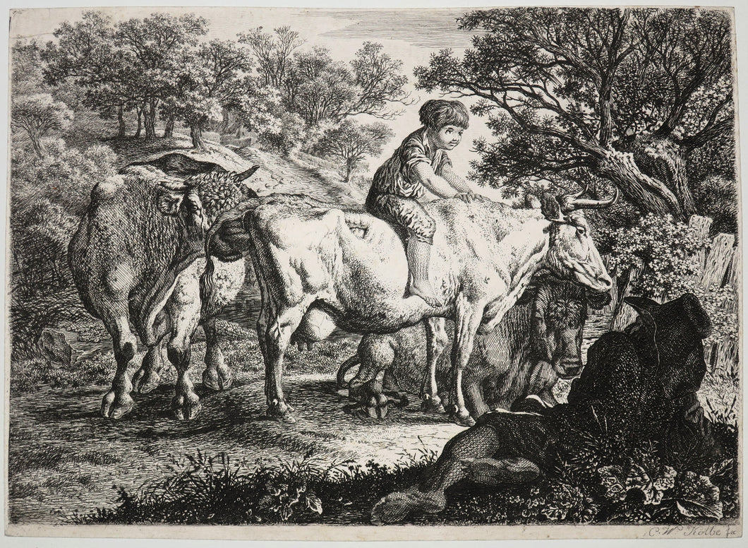 [Berger et son troupeau, un jeune garçon sur le dos du boeuf].
