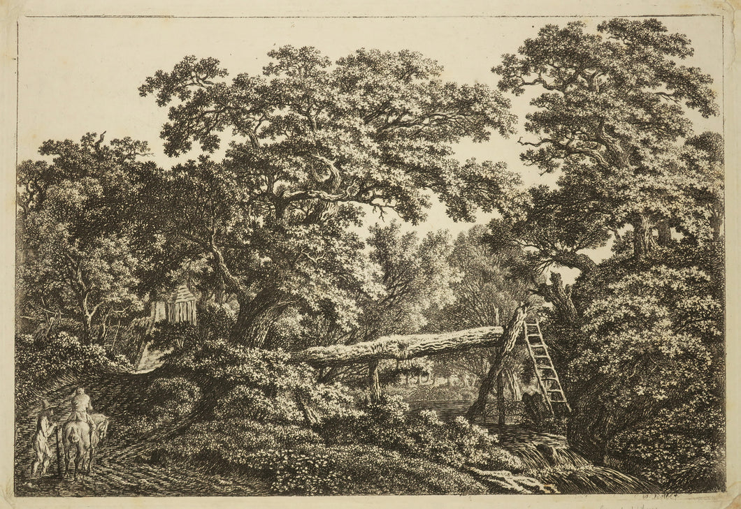 Petit paysage. Deux hommes, l'un à cheval, l'autre tenant un bâton au premier plan à gauche; à droite, un tronc d'arbre formant un pont.