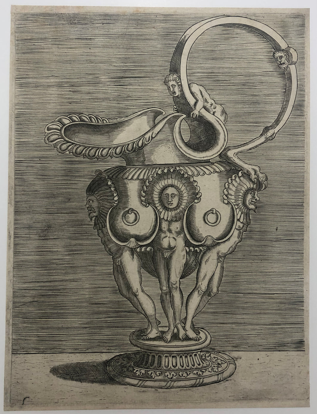 Carafe à oreille, portée par trois figures.  c.1548.