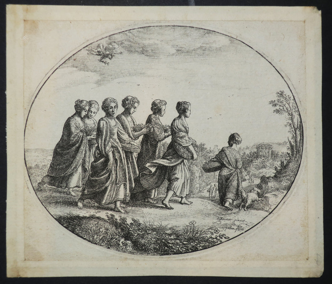 Mercure voyant Herse. Les sept filles d'Aglaura tenant des paniers de fleurs marchent le long d'un chemin de campagne à droite vers un temple, Mercure volant au-dessus.  c.1646.
