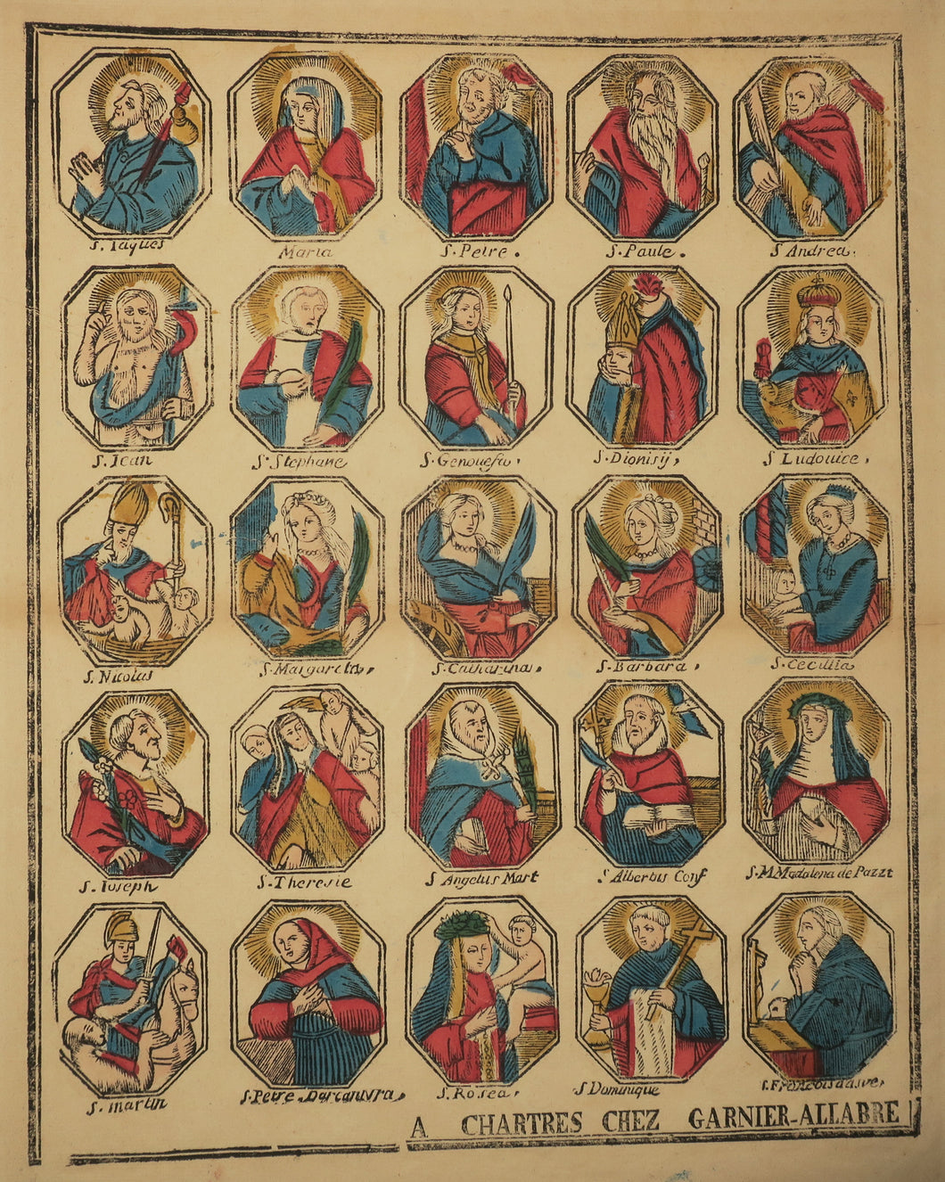 Page de 25 figures de Saints et de Saintes, dans des octogones.