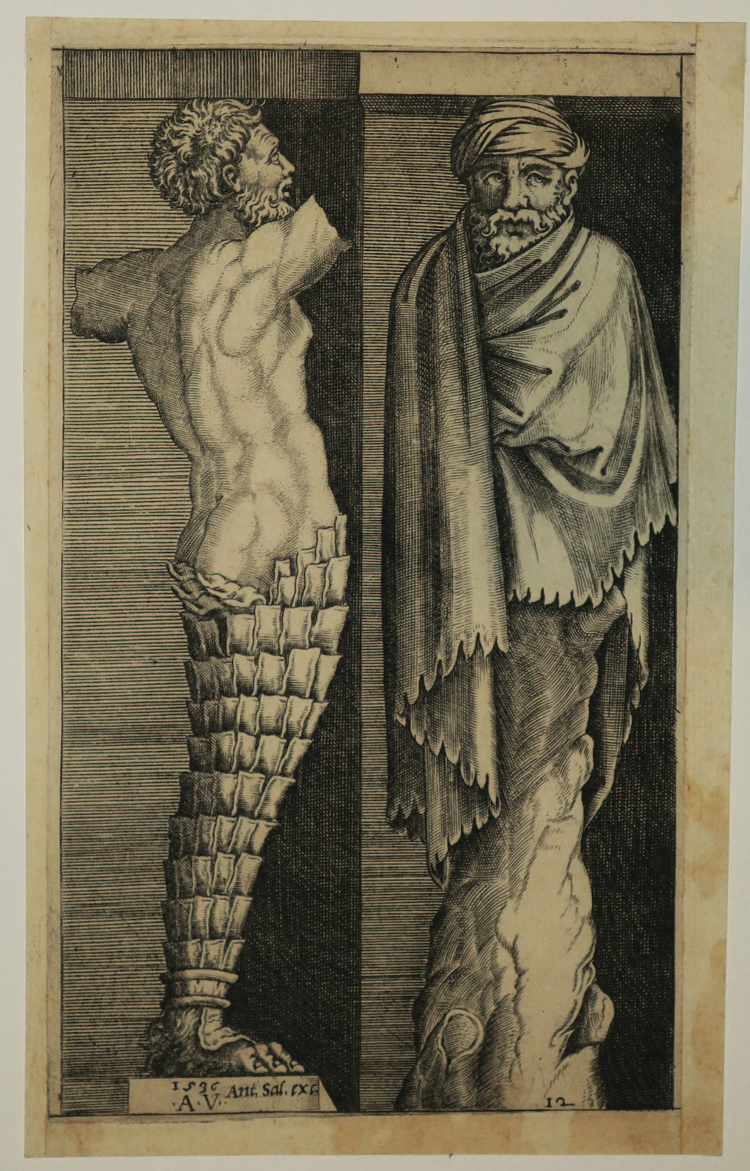 Deux termes; à gauche un torse nu masculin qui ressemble à un tronc de palmier de la cuisse vers le bas et à droite un homme turbané et masqué dont les jambes sont remplacées par un tronc d'arbre. 1536.