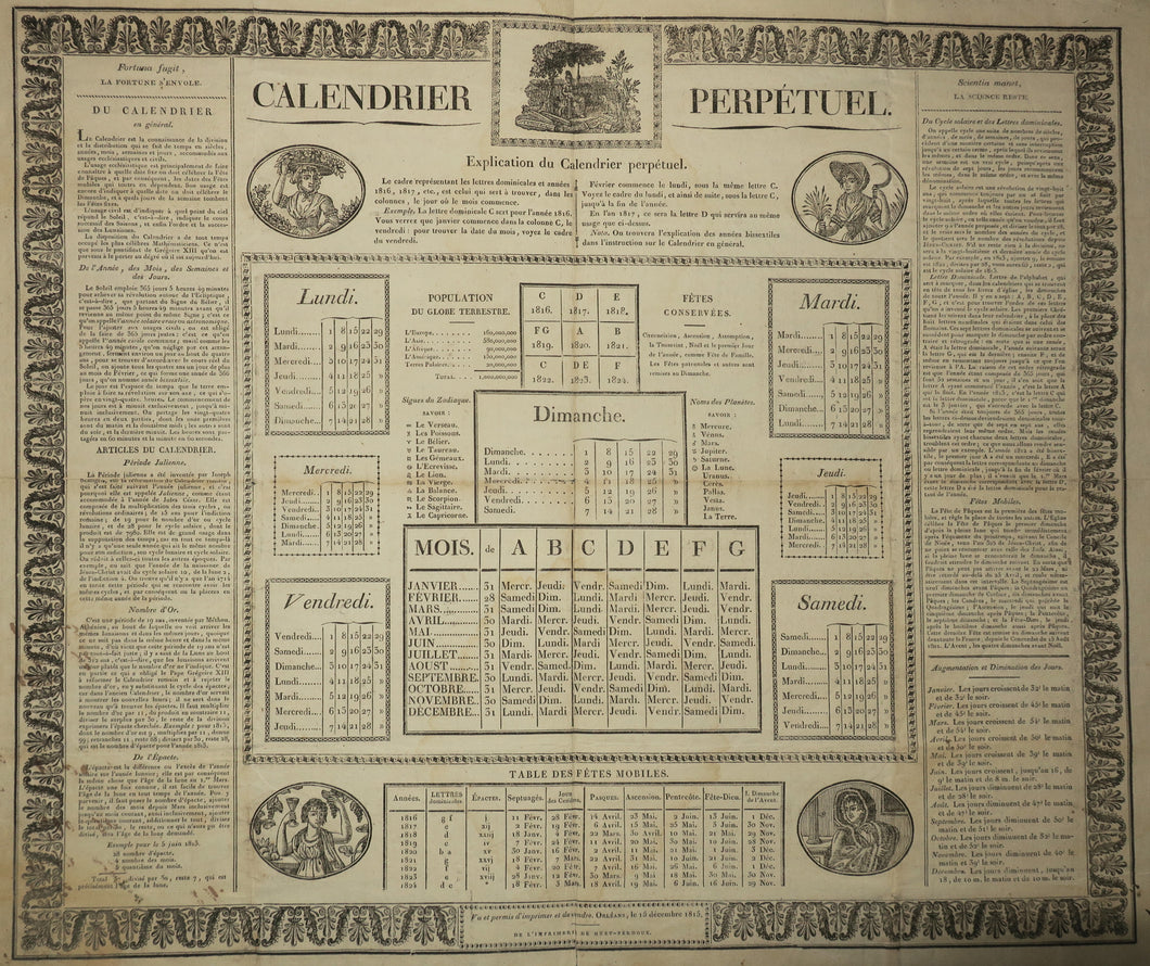 Calendrier perpétuel pour les années 1816 à 1824.
