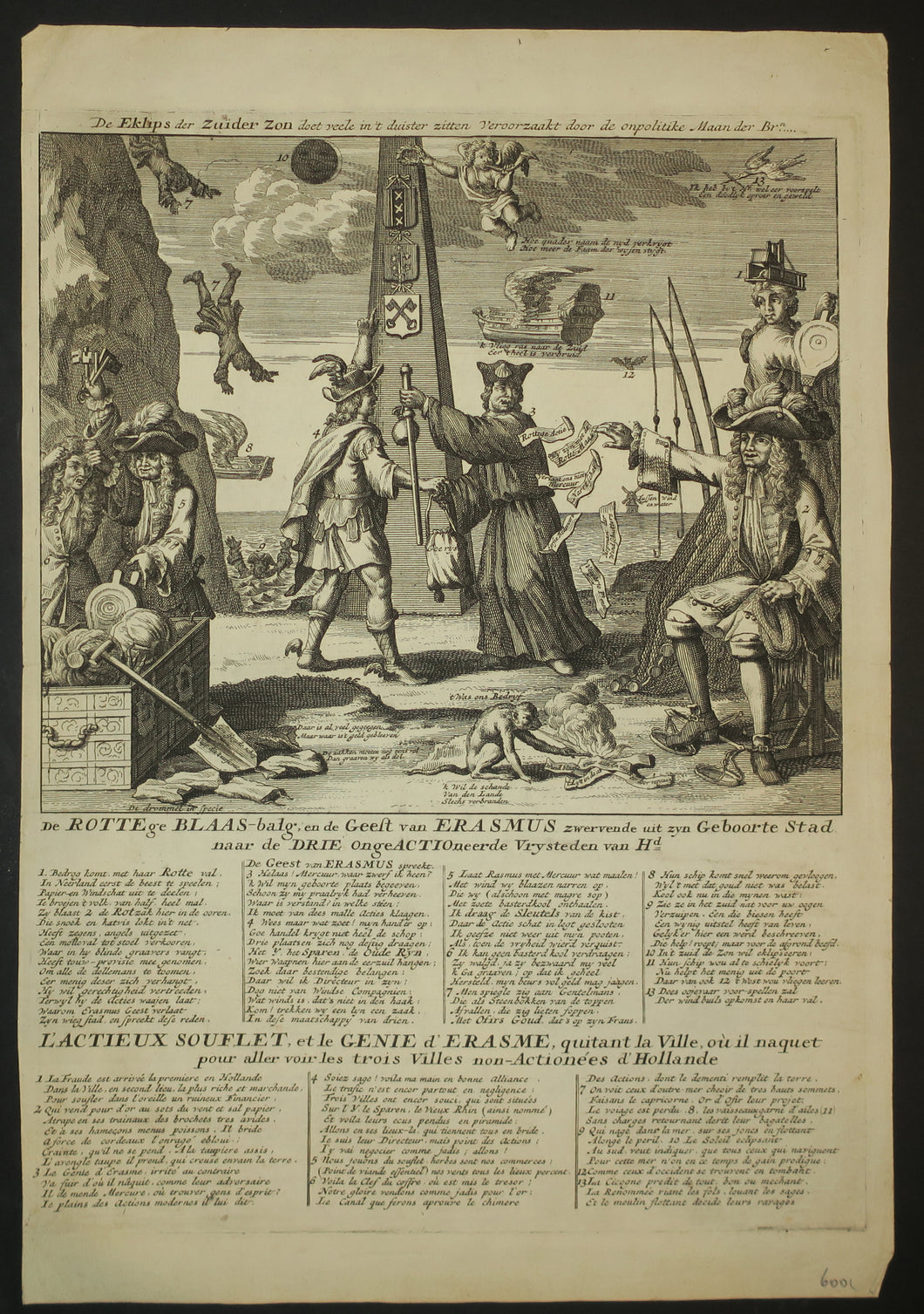 L'Actieux souflet et le Génie d'Erasme quitant la ville où il naquet pour aller voir les trois villes non actionées d'Hollande .  c.1720.