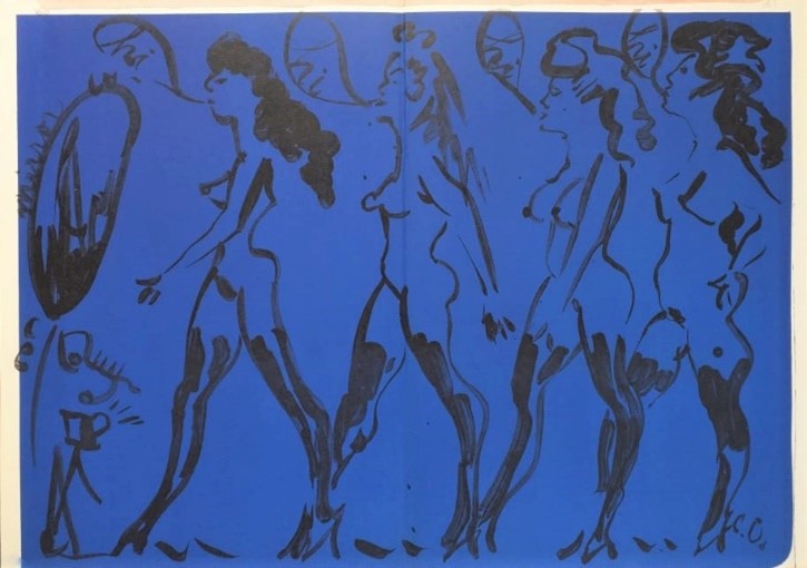 [Femmes en noir sur fond bleu électrique]. 1964.
