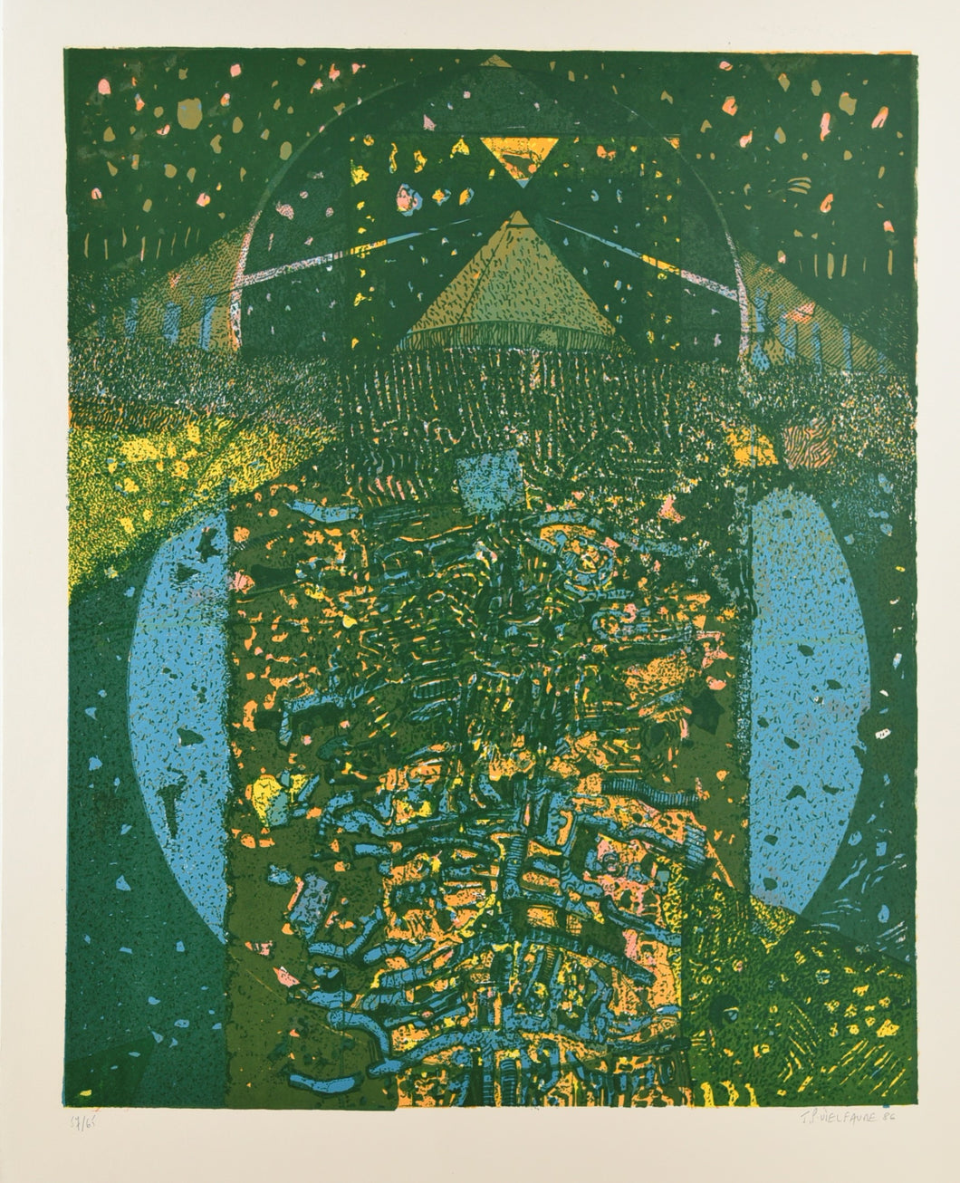 [Pyramide verte, jaune et bleue]. 1986.