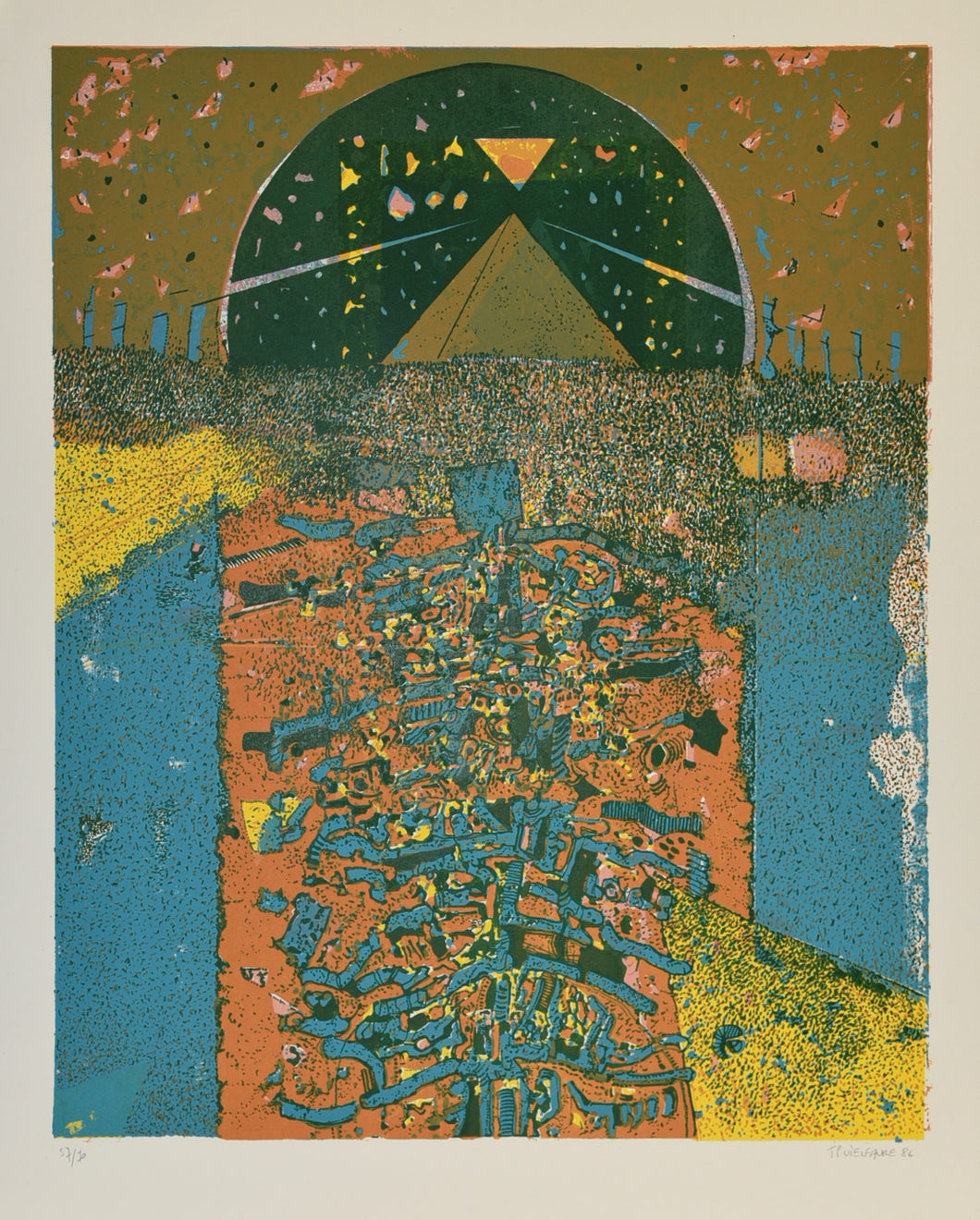 [Pyramide bleue, jaune et orange]. 1986.