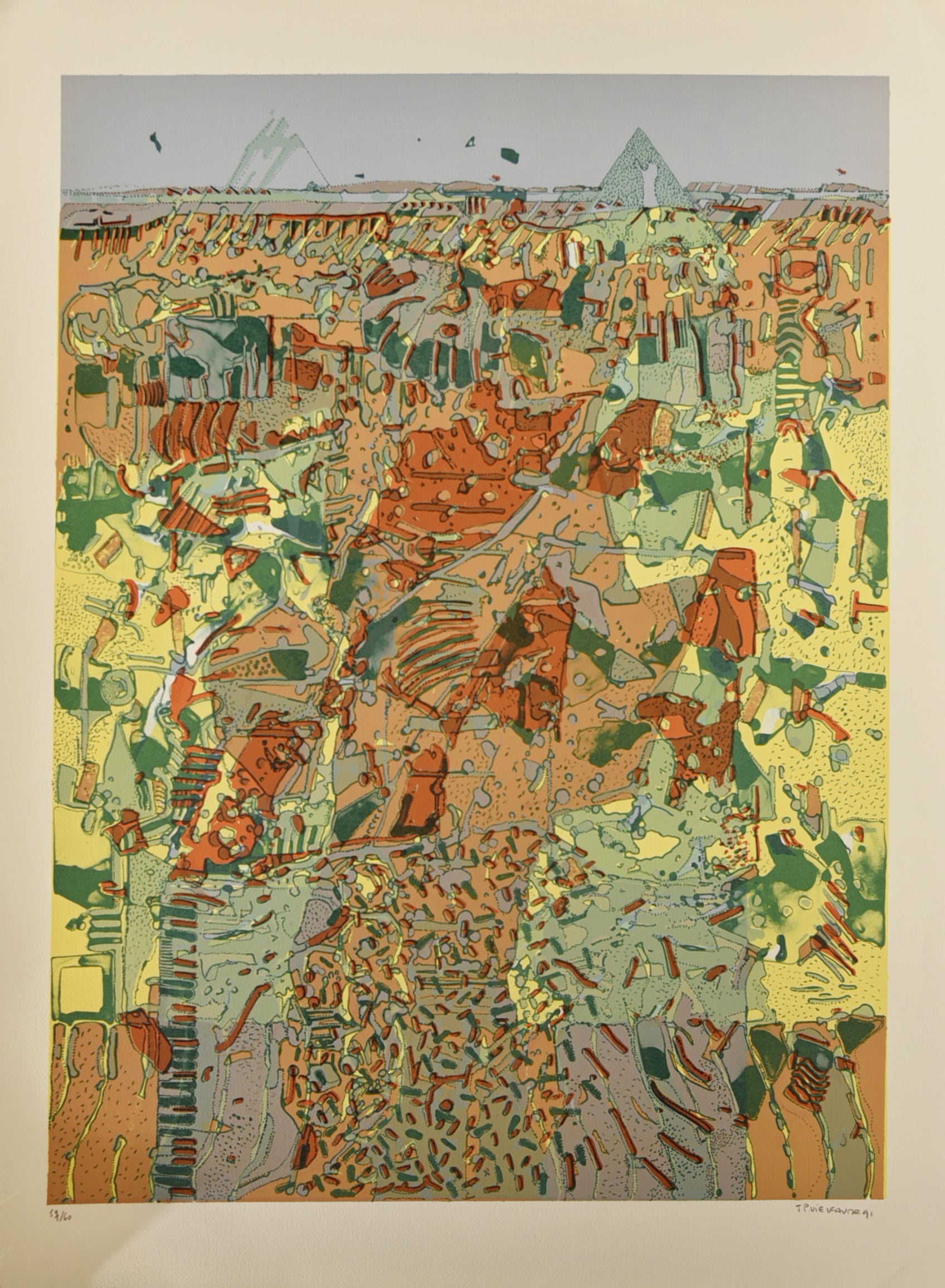 [Pyramide et désert en vert, jaune et ocre]. 1991.