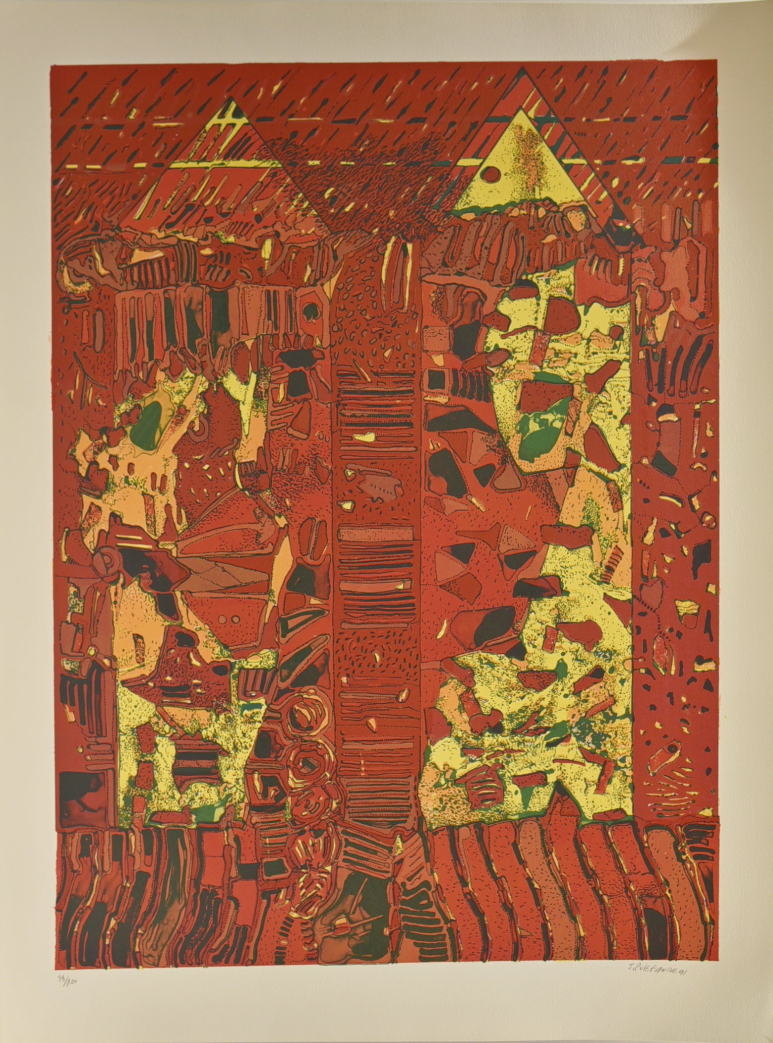[Coupe stratigraphique et pyramides en rouge et jaune]. 1991.