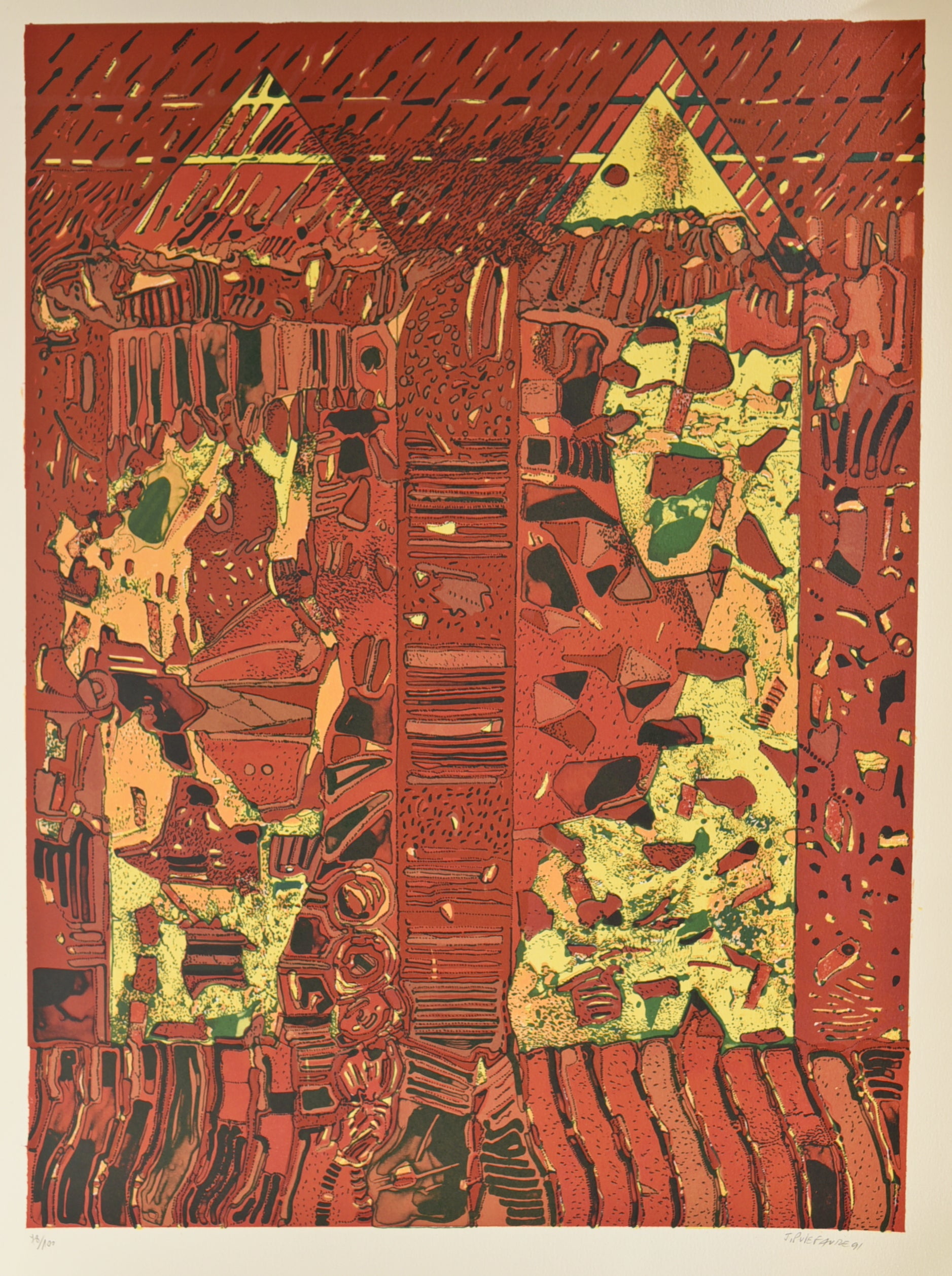 [Coupe stratigraphique et pyramides en rouge et jaune]. 1991.