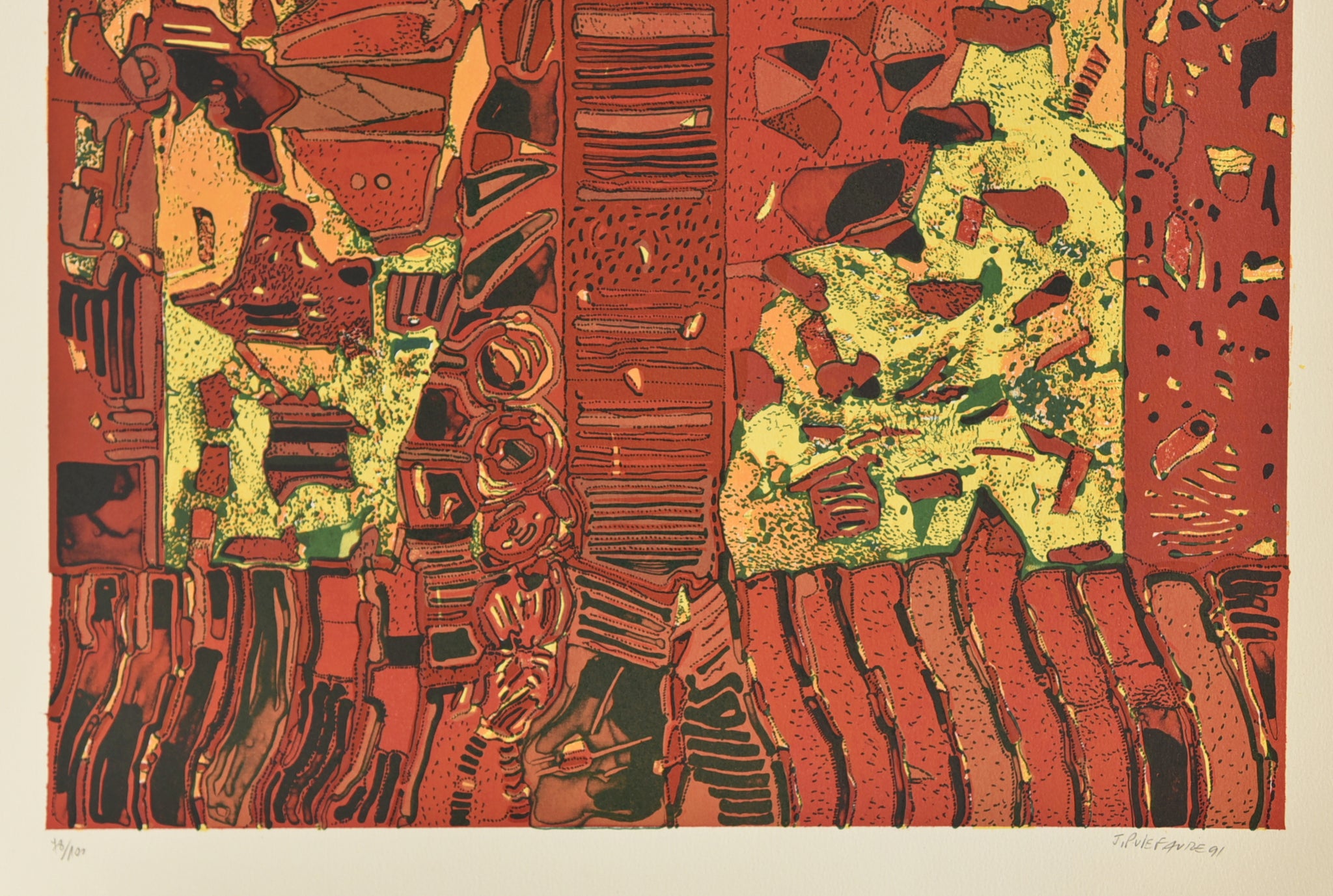 [Coupe stratigraphique et pyramides en rouge et jaune]. 1991.