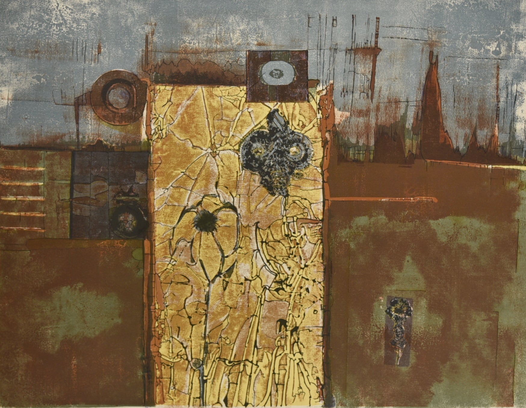 [Composition en brun, ocre et bleu]. 1966.