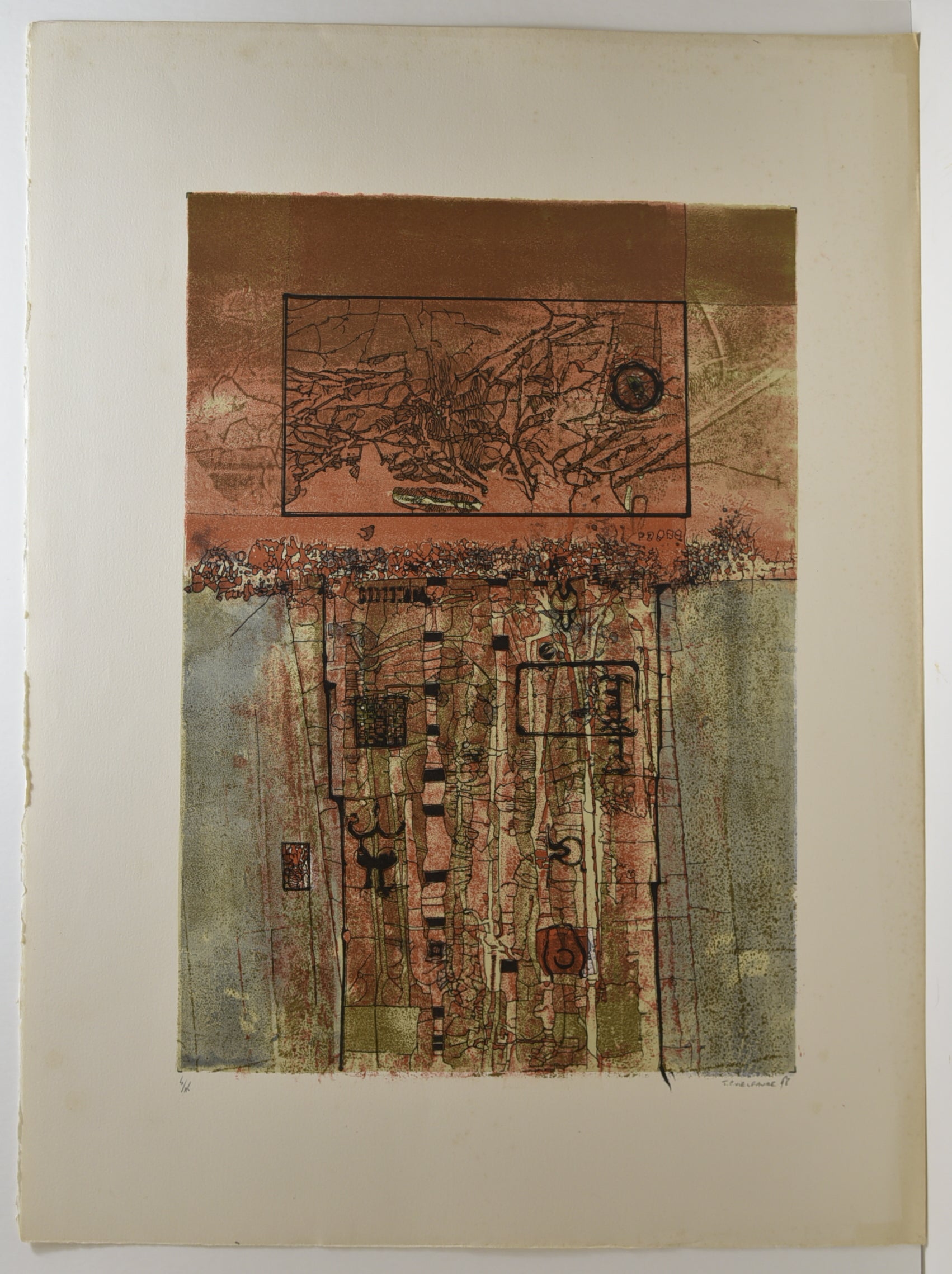 [Paysage géométrique ocre et bleu-gris]. 1968.