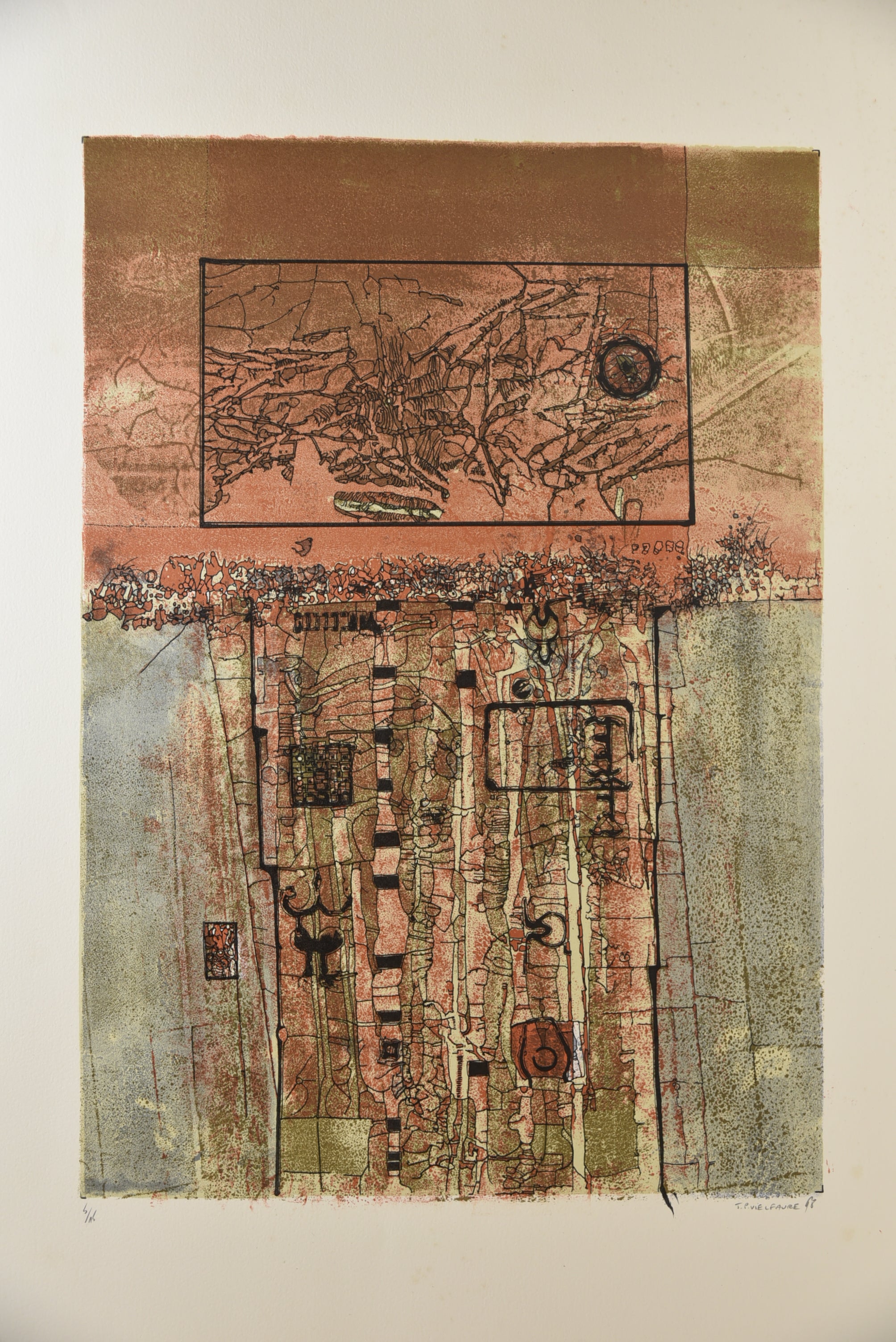 [Paysage géométrique ocre et bleu-gris]. 1968.