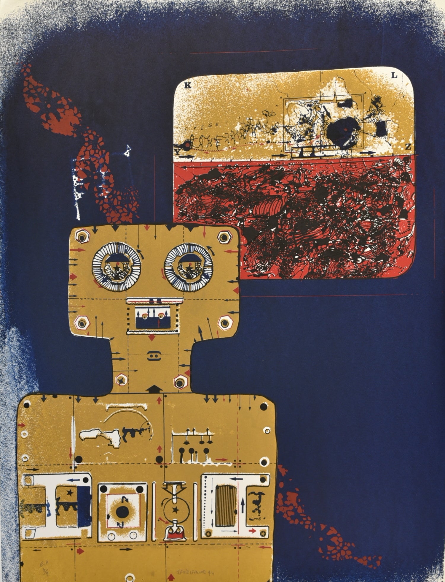 [Robot ocre, bleu et rouge]. 1974.
