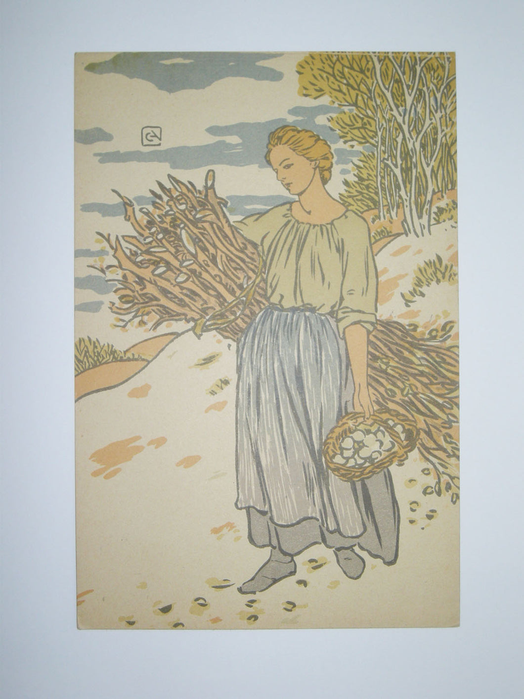 Carte de Noël - Jeune paysanne rapportant du bois et un panier dans l'autre main. 