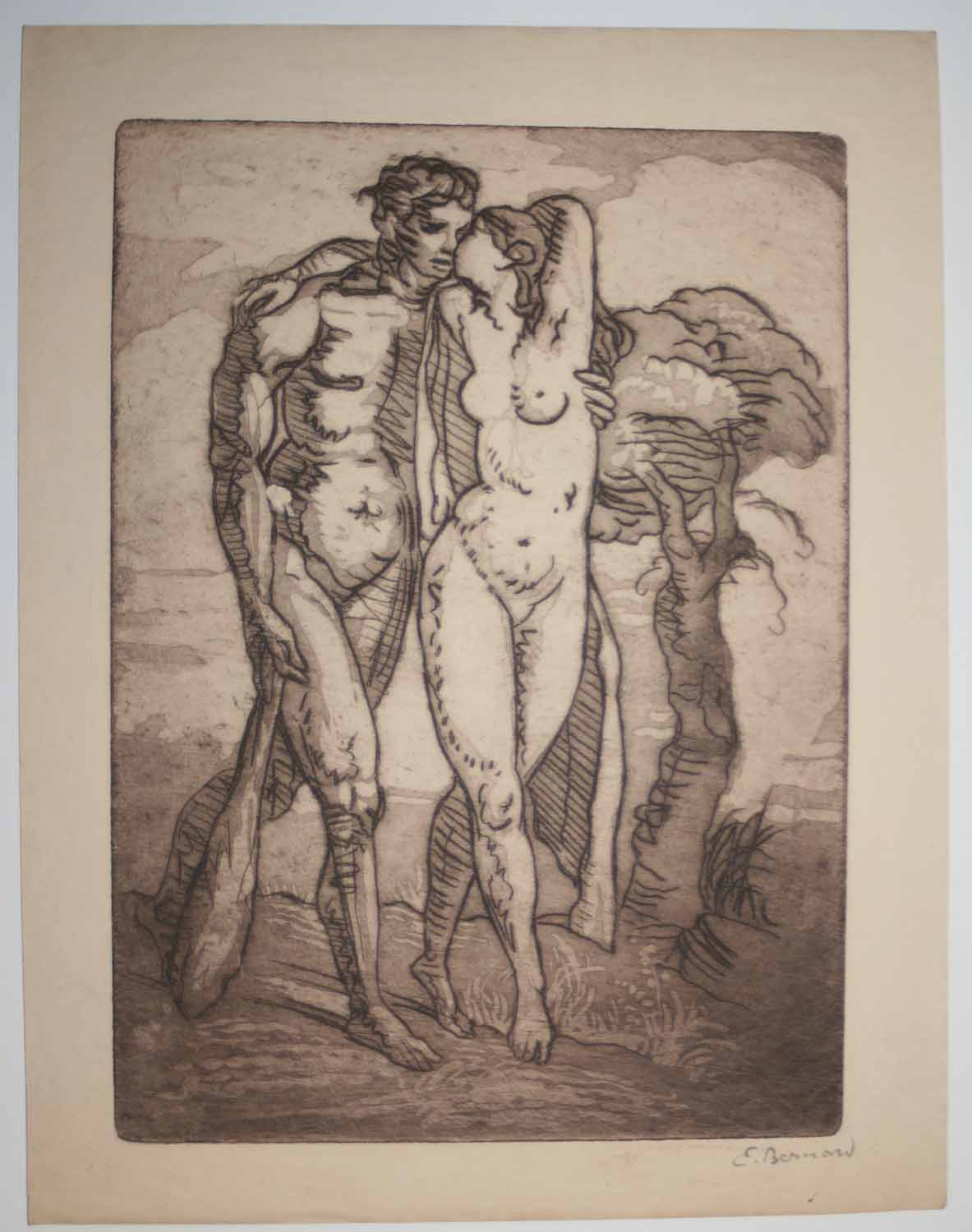 [Couple dénudé debout, la femme embrassant l'homme]. Pour 