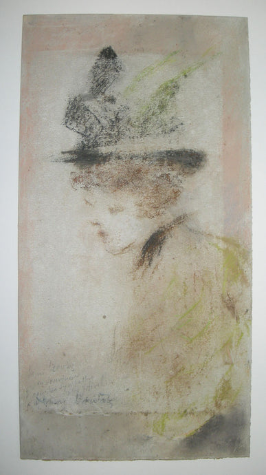 Portrait de femme au chapeau, de profil gauche.