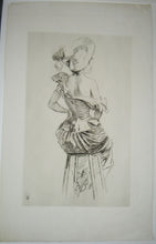Charger l&#39;image dans la galerie, Cinq eaux-fortes d&#39;après les dessins de Jules Chéret (gravées pour le baron Vitta en 1897-98). Mme X. assise, Mme X. avec un éventail, La Loïe fuller assise de profil à gauche, Trois femmes nues coiffées d&#39;une capote &amp; Femme assise sur un tabouret, vue de dos.  
