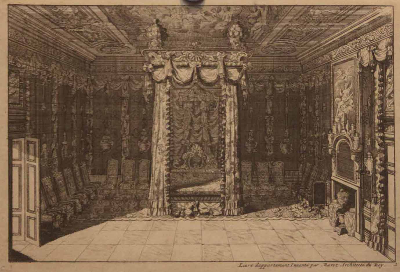 [Intérieur d'une chambre, murs, plafond et cheminée ornés]. 