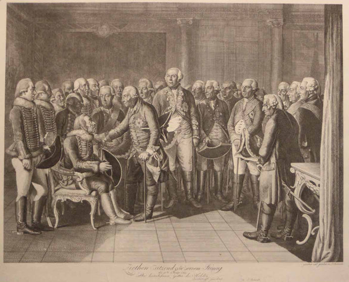 Ziethen Sitzend vor Seinem König. (Le général Ziethen assis devant Frederick II, Roi de Prusse, des princes royaux et des militaires; le Roi posant sa main droite sur l'épaule du général).