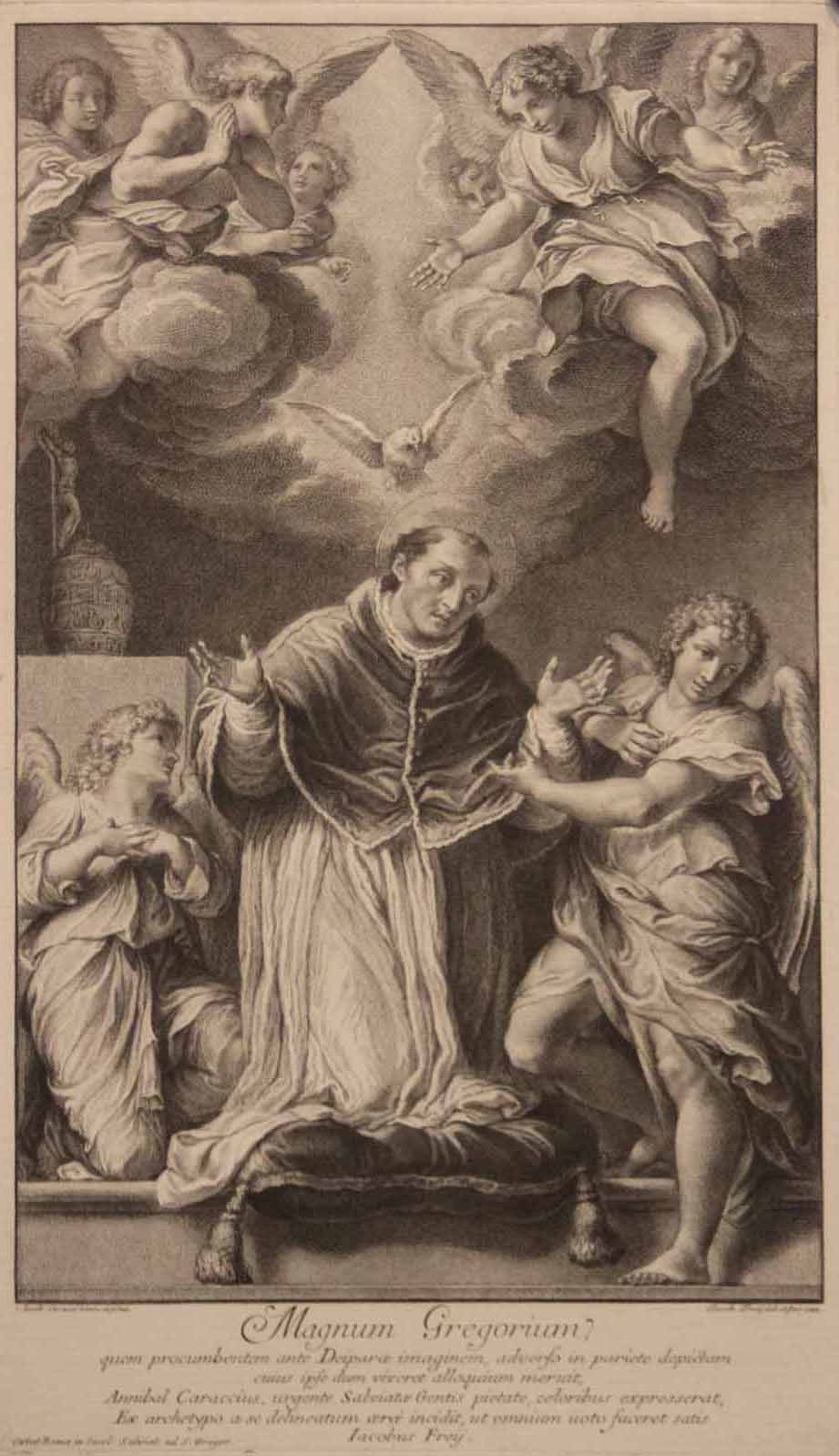 Saint Grégoire à genoux sur un coussin et accompagné de deux anges. 