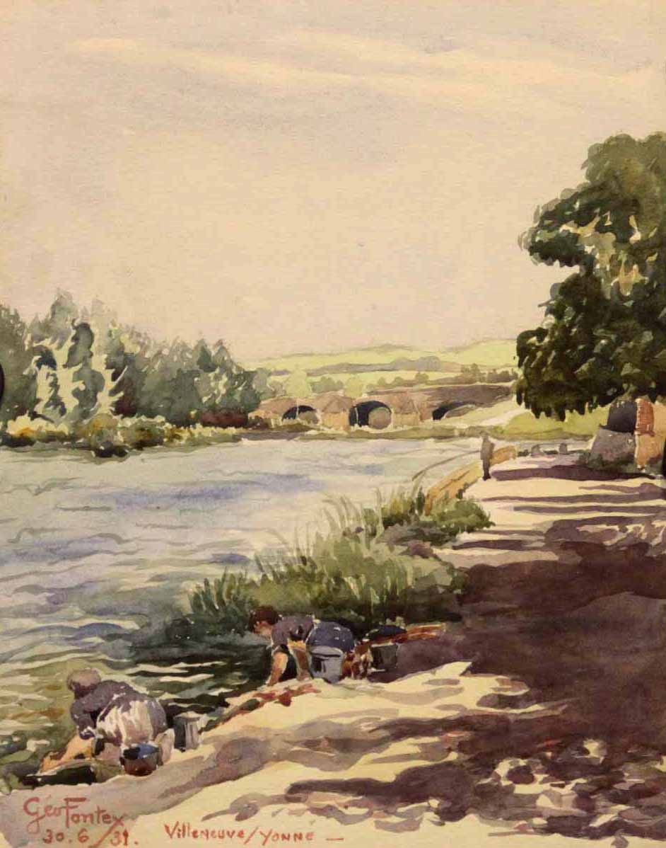 Villeneuve sur Yonne [Paysage: Deux femmes lavant leur linge dans la rivière]. 