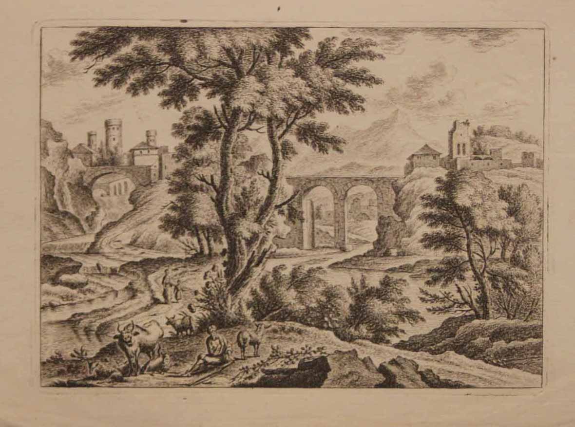 Paysage.[Un berger surveillant ses animaux près d'un cours d'eau].