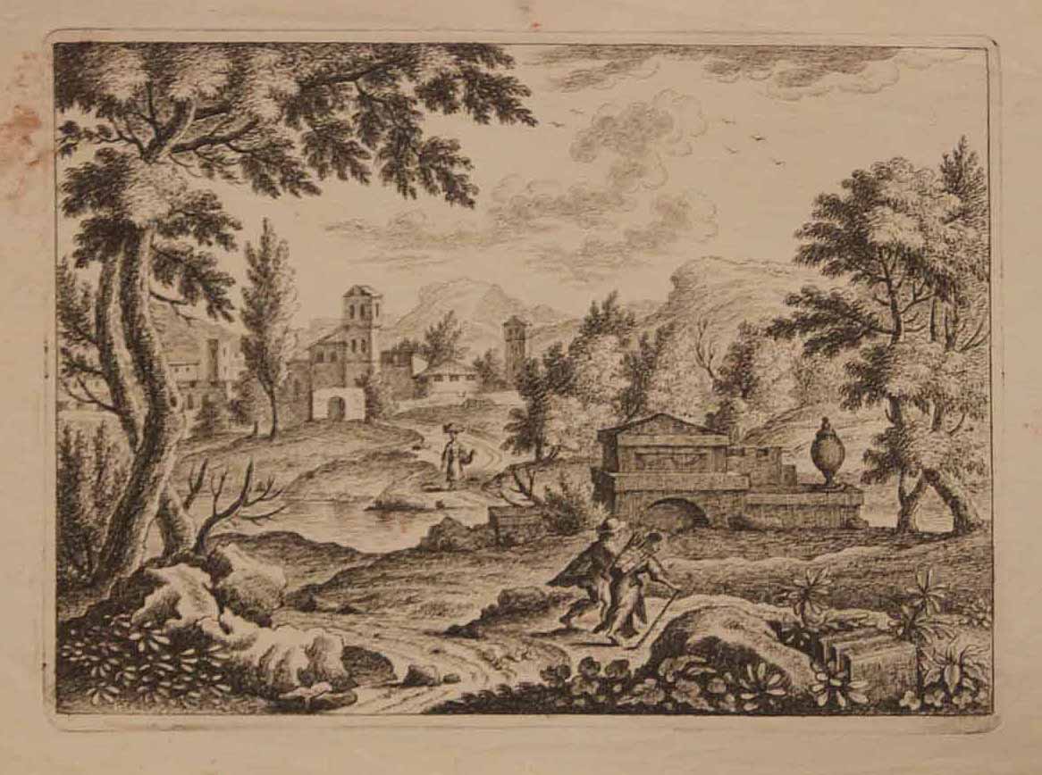 Paysage.[Deux paysans marchant au premire plan et village au second plan]. 