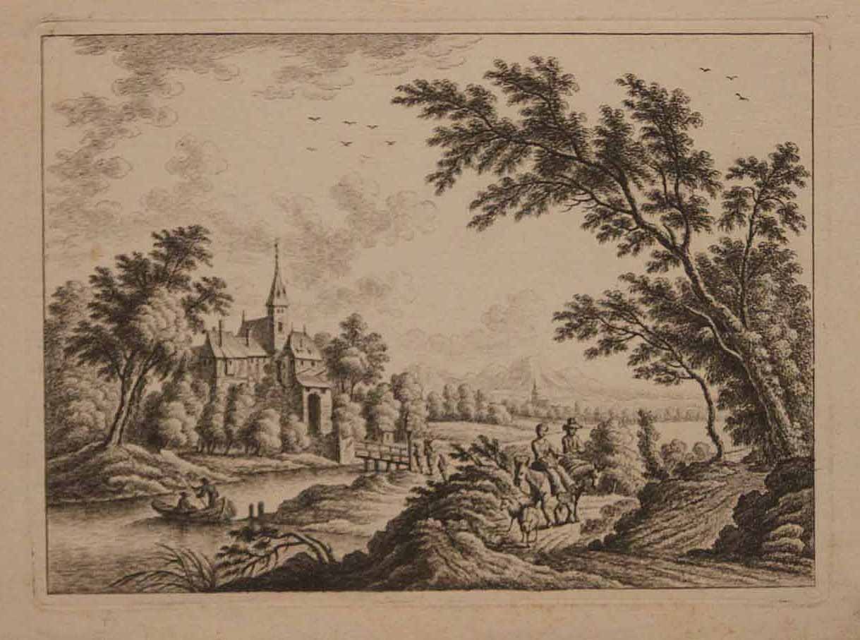 Paysage.[Couple de bergers à dos de deux ânes se promenant près d'un cours d'eau]. 