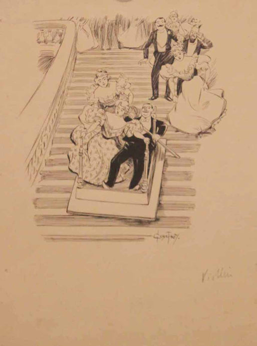 [Un homme et deux femmes descendant les escaliers sur une table].