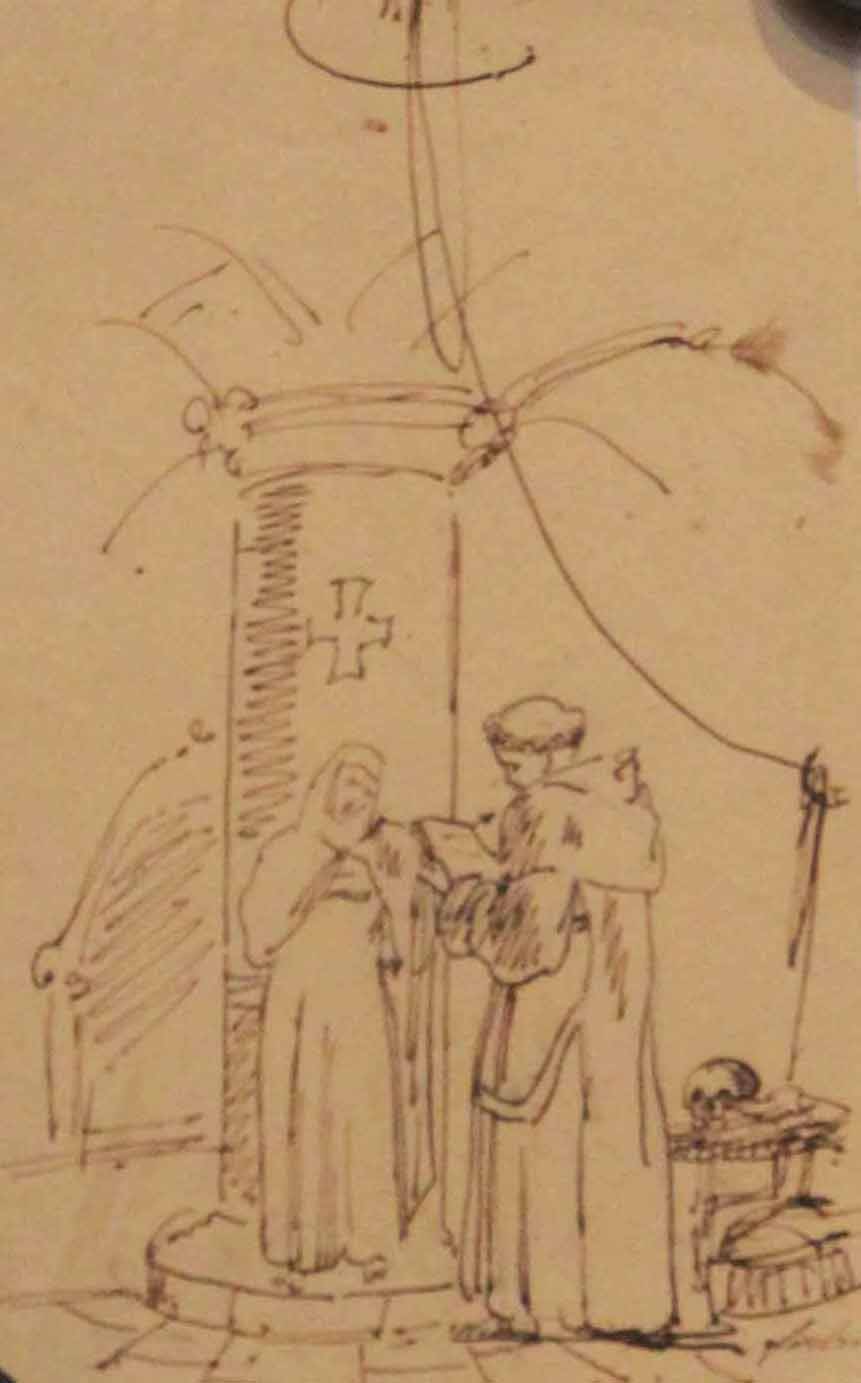 [Un prêtre et une bonne sœur au pied d'une colonne]. 