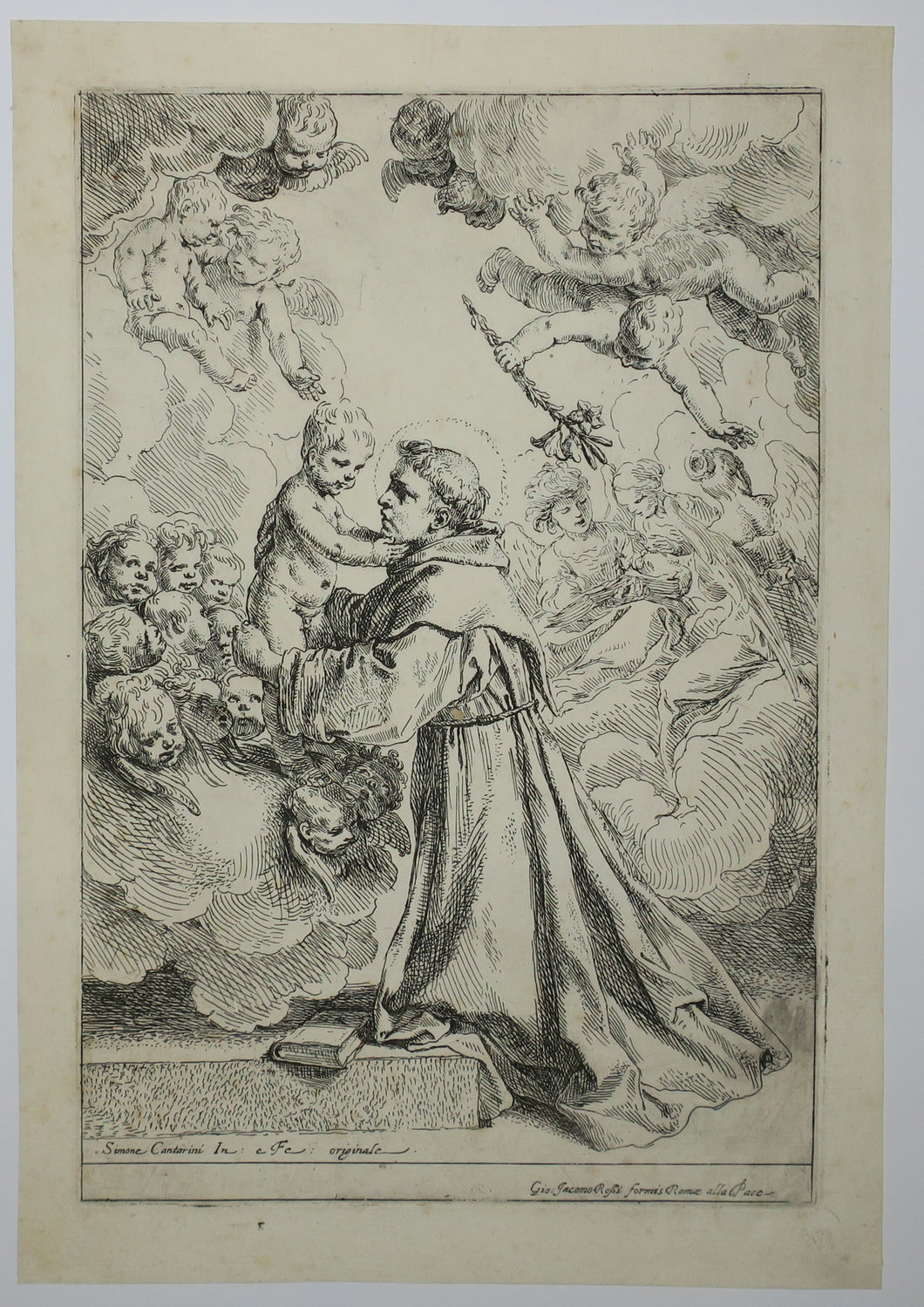 Saint Antoine de Padoue s'agenouillant devant l'enfant Jésus tenu par les Anges. 