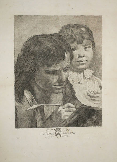 [Homme aux cheveux longs écrivant sur un livre, un enfant derrière lui]. c.