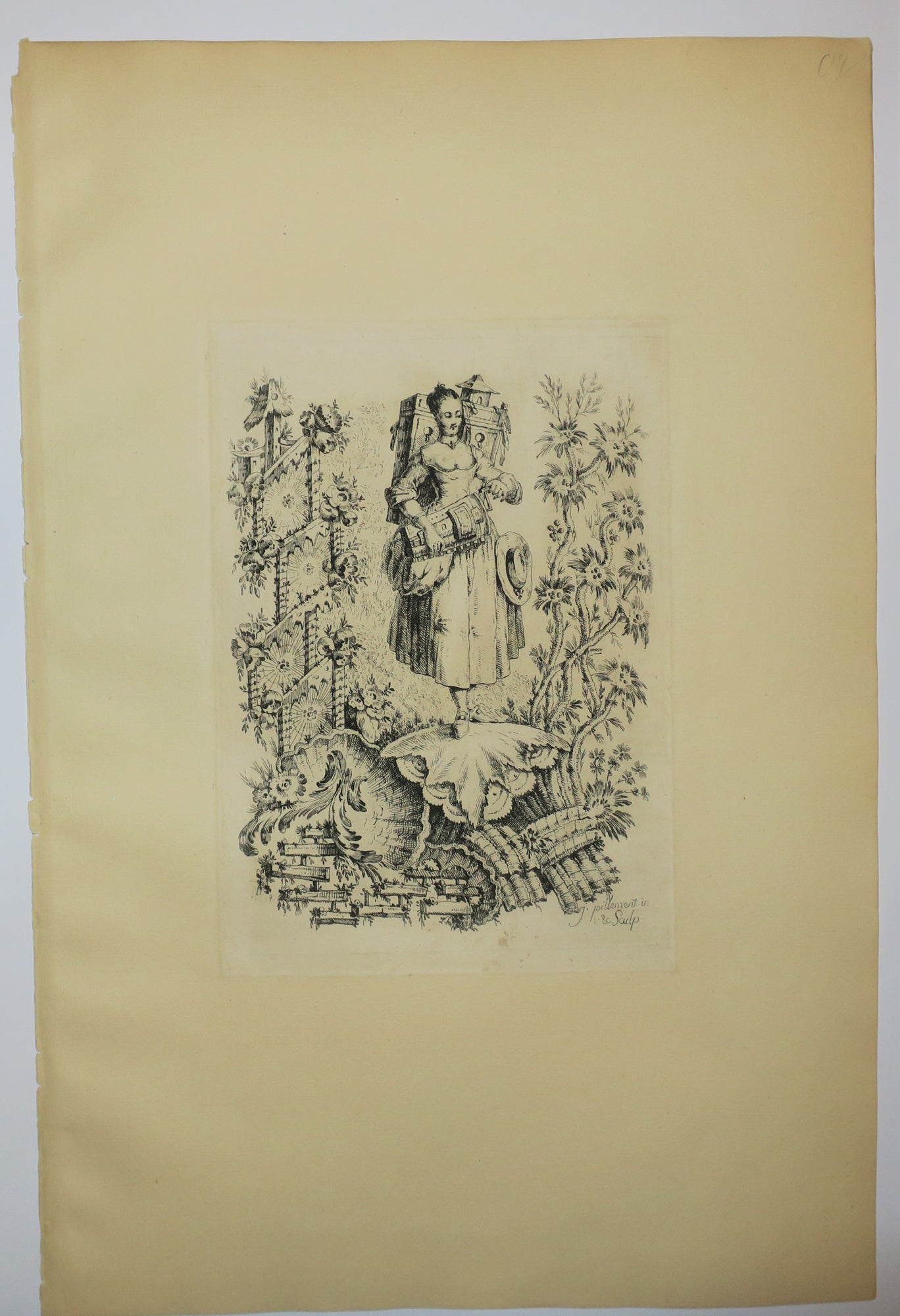 Chinoiserie. [Jeune femme portant une lanterne magique sur son dos et tournant une manivelle].