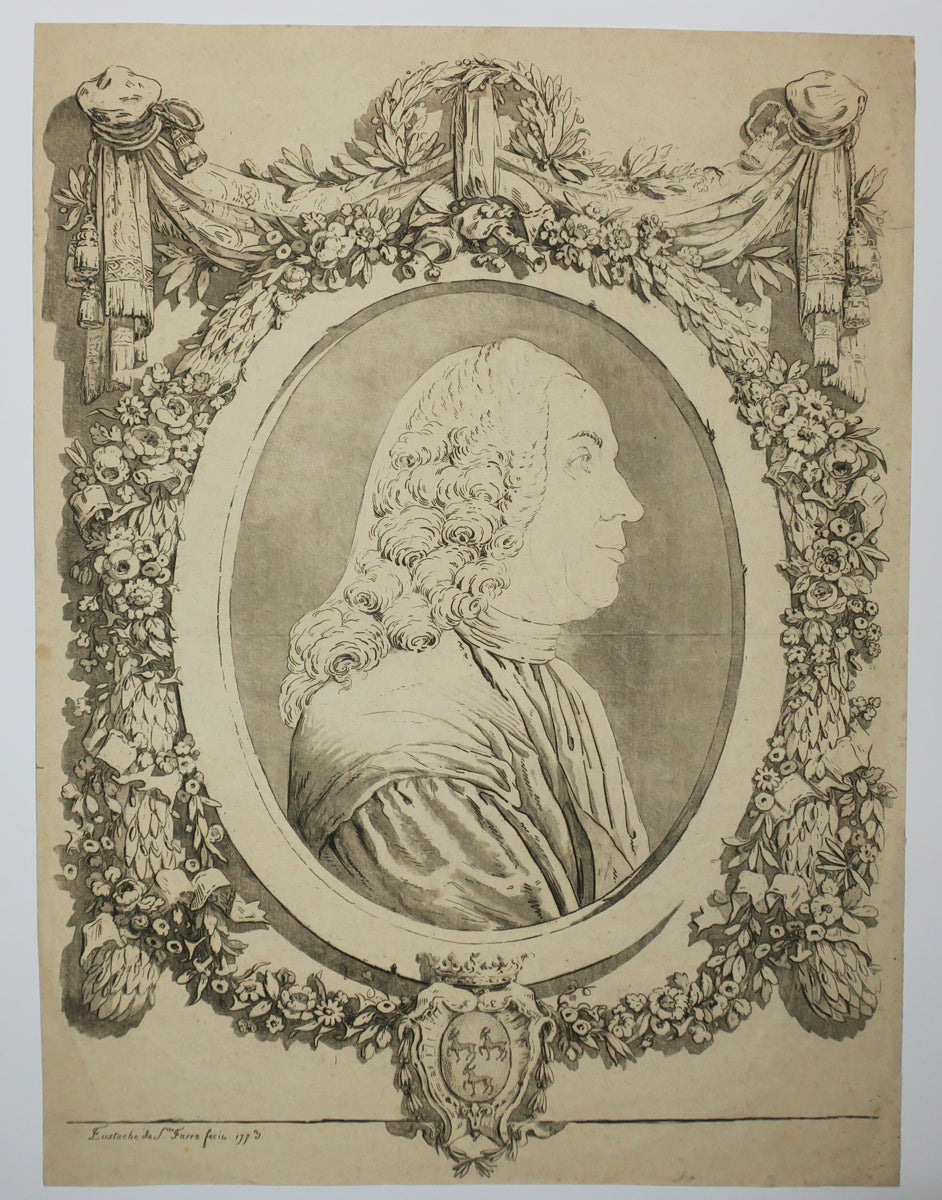 [Portrait d'homme de profil droit dans un encadrement ovale richement décoré].