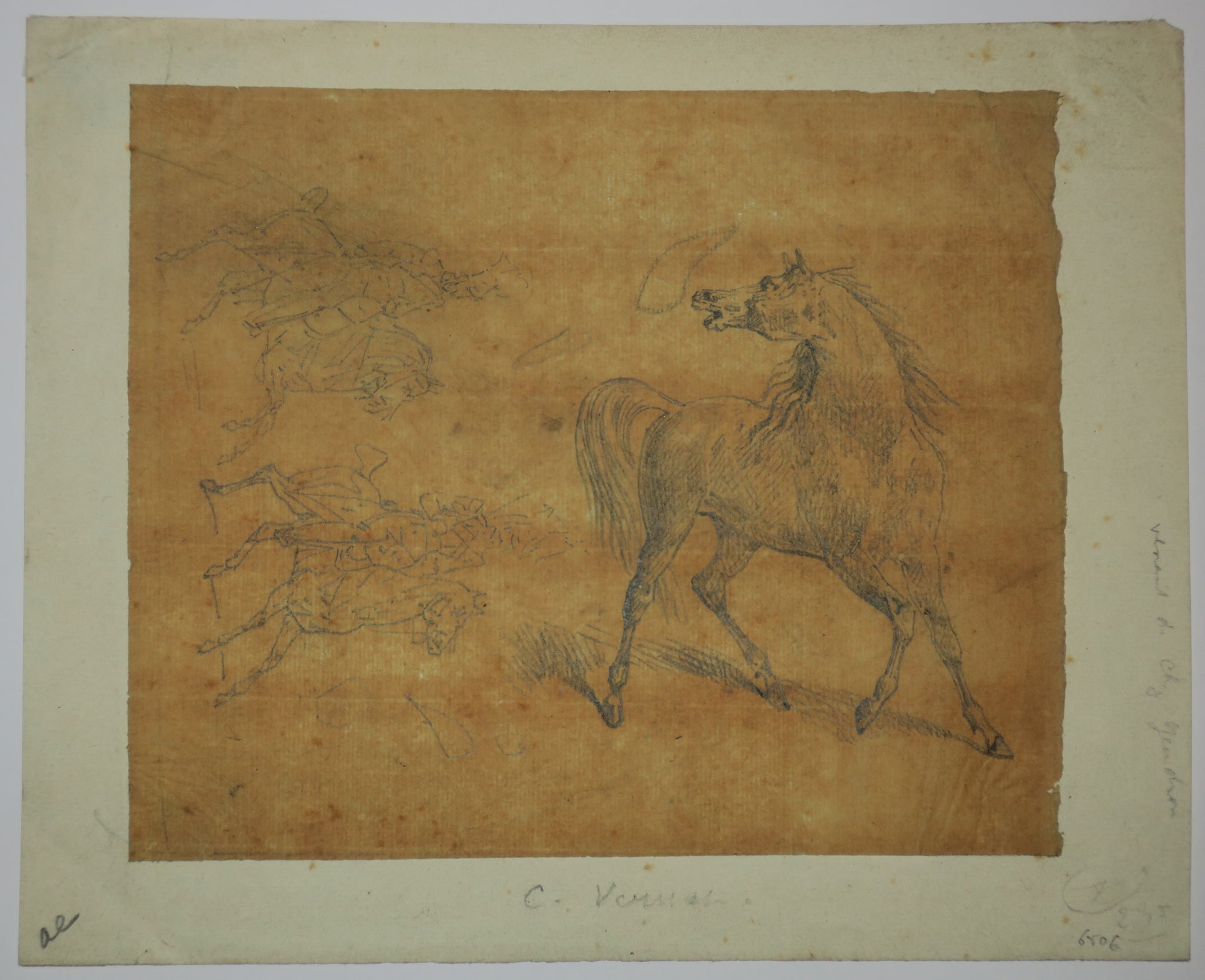 [Croquis d'un cheval et de deux cavaliers]. 