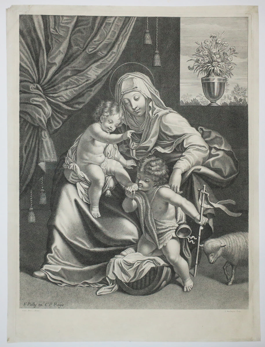 L'Enfant assis sur les genoux de la Vierge bénissant St Jean-Baptiste qui lui baise les pieds. 