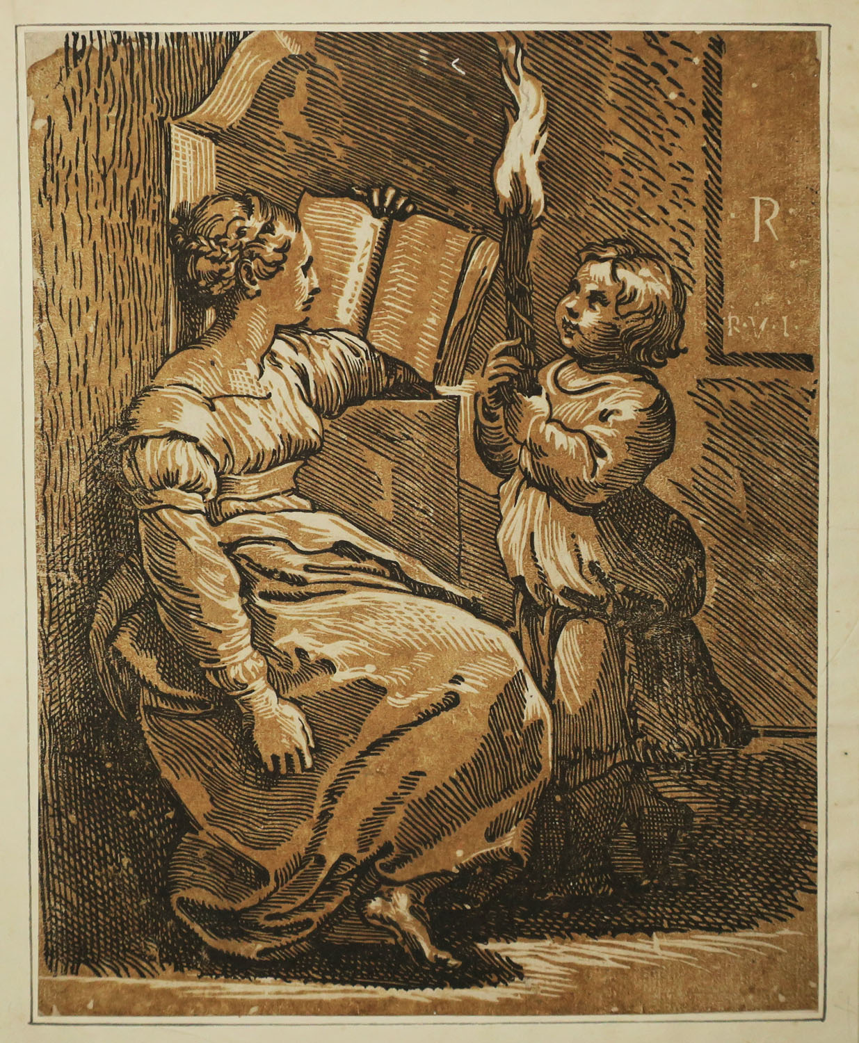 Sibylle lisant éclairée par un enfant tenant un flambeau. 