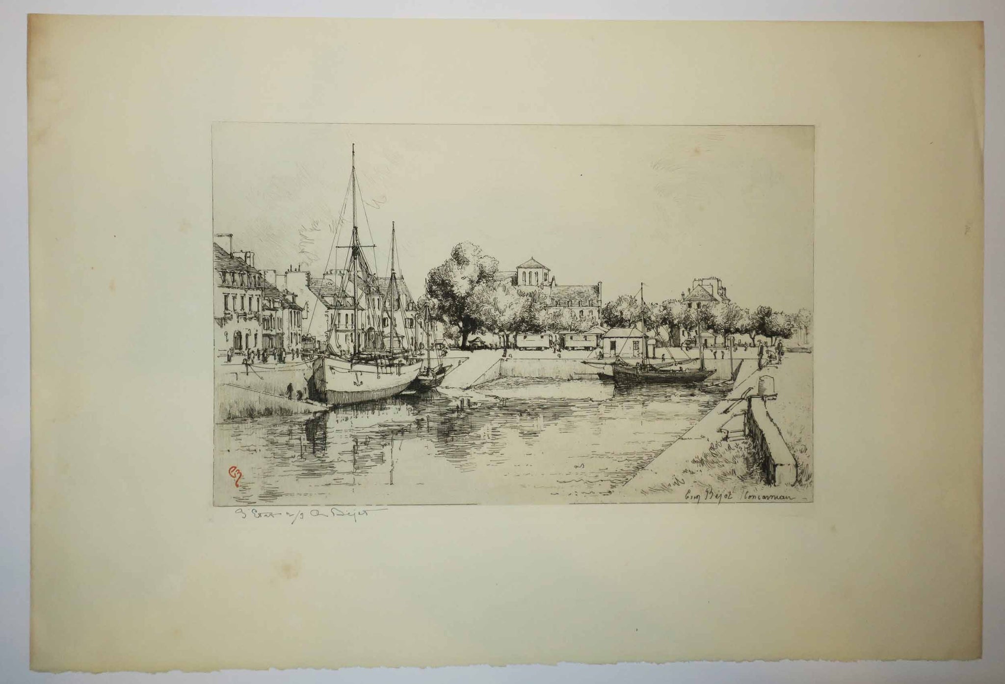 Le bassin de Concarneau (Le bateau de Noirmoutier transporteur de sel et le clocher carré de la nouvelle église).