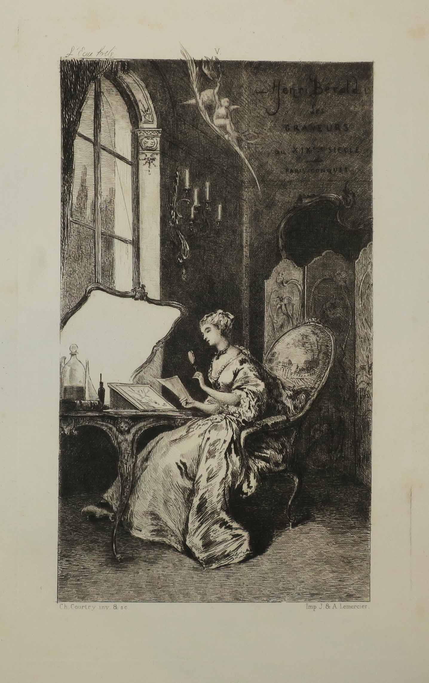 [Elégante, assise, regardant une estampe à la loupe]. Frontispice pour 