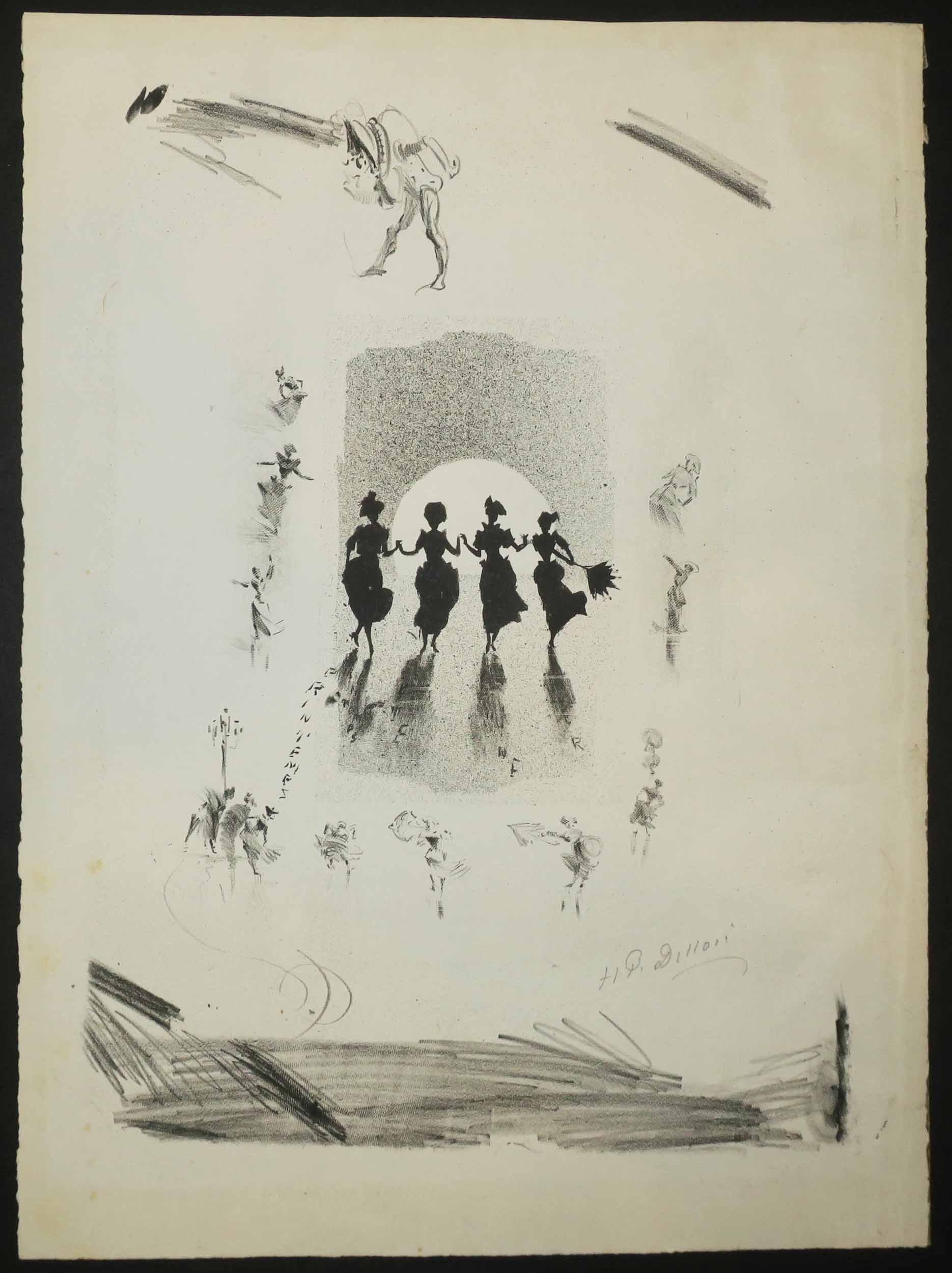 Quatre femmes en silhouette dansant devant la lune. 