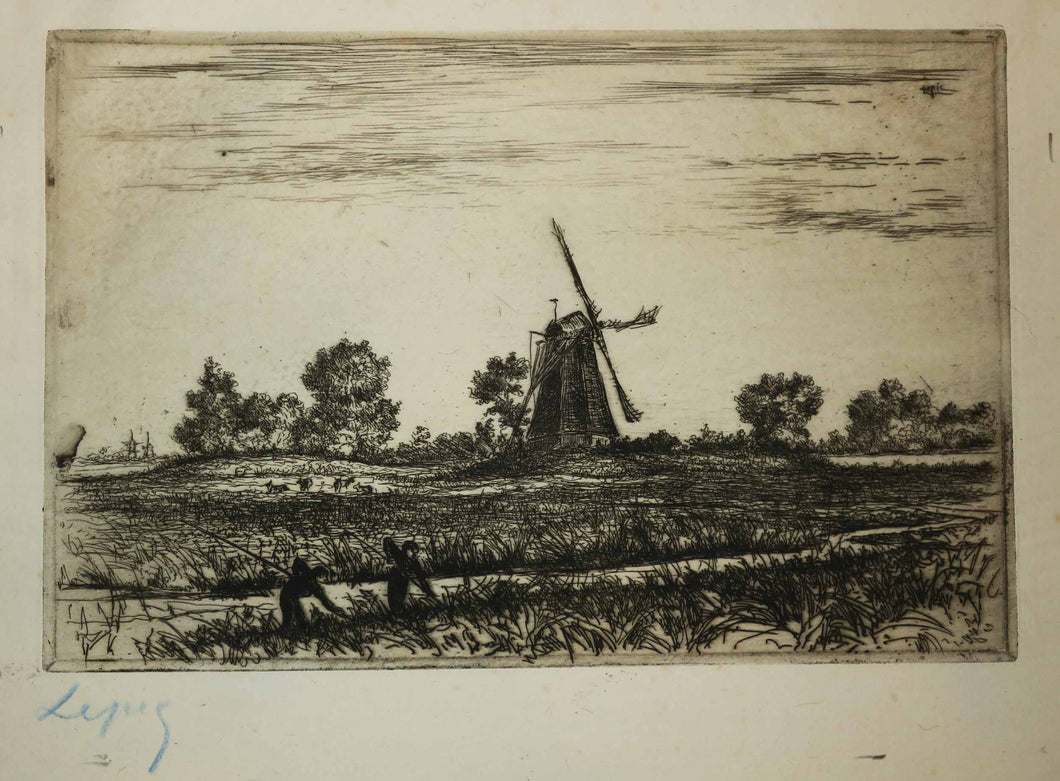 Moulin dans les champs, deux personnages au premier plan.