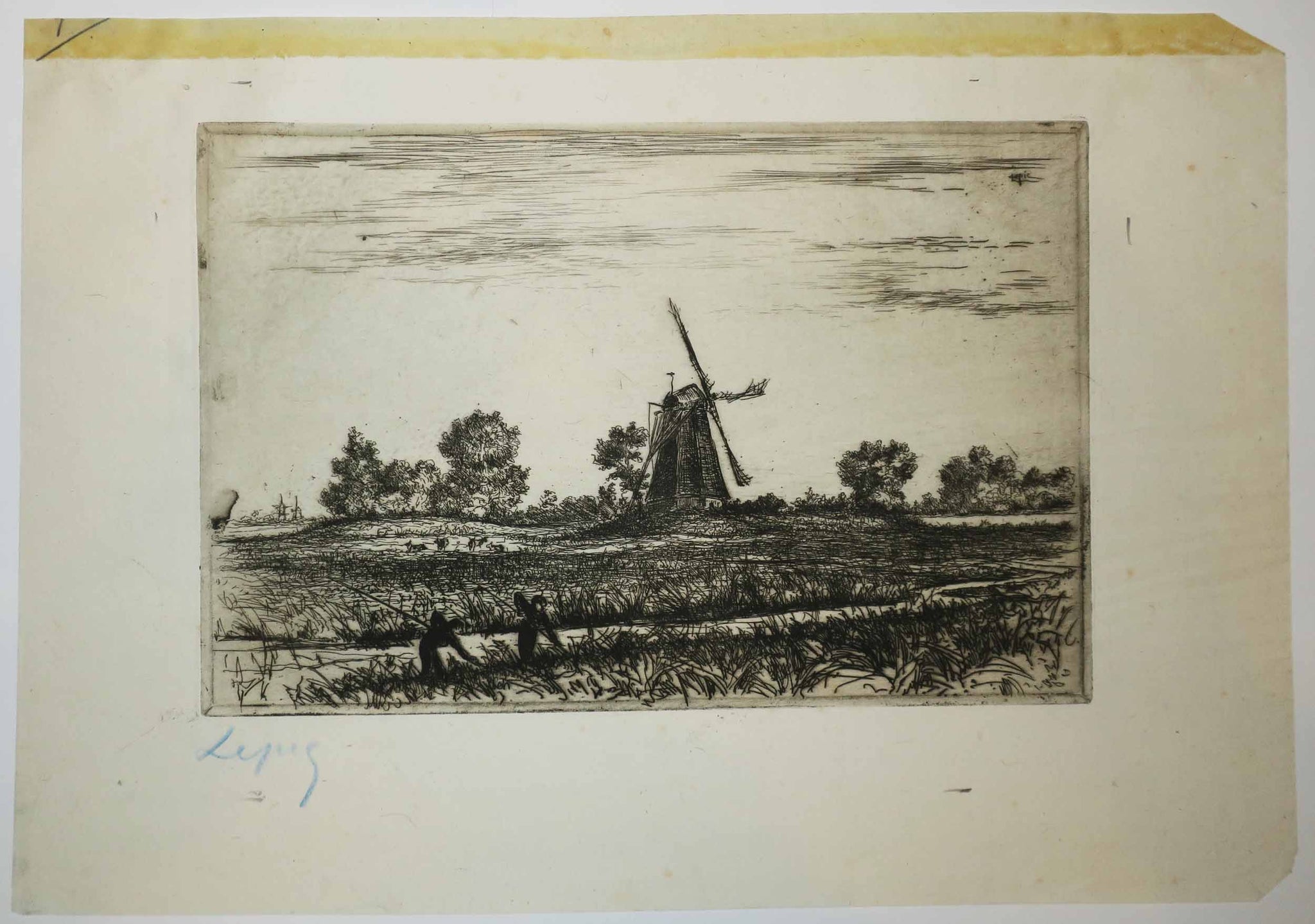 Moulin dans les champs, deux personnages au premier plan.