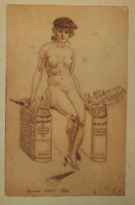 La Plume (Jeune femme dénudée assise sur une plume, entre deux livres). 